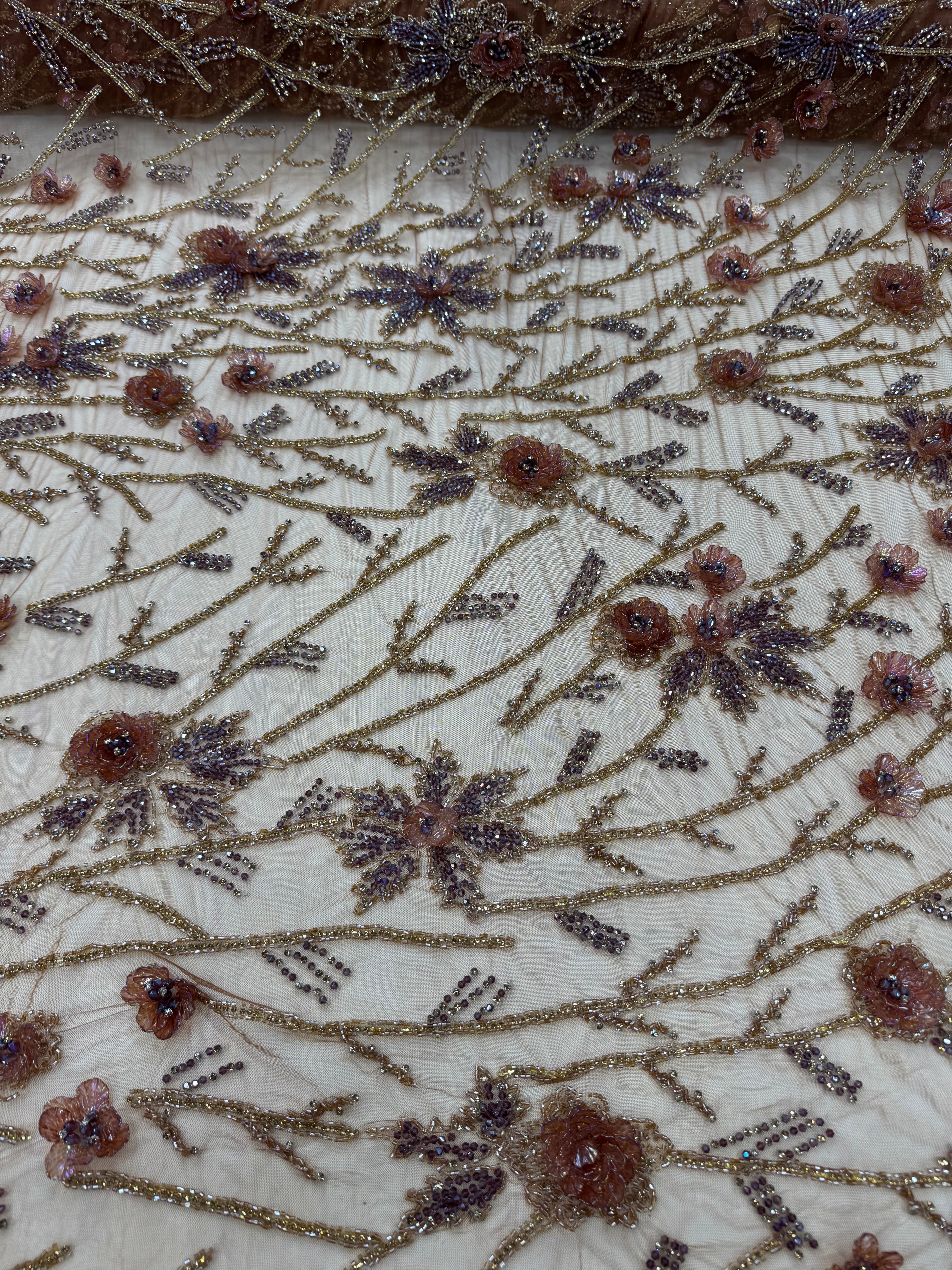 Broderie pe tul maro Model J1 3447, latime 140 cm, cu flori 3D, margele si cristale premium