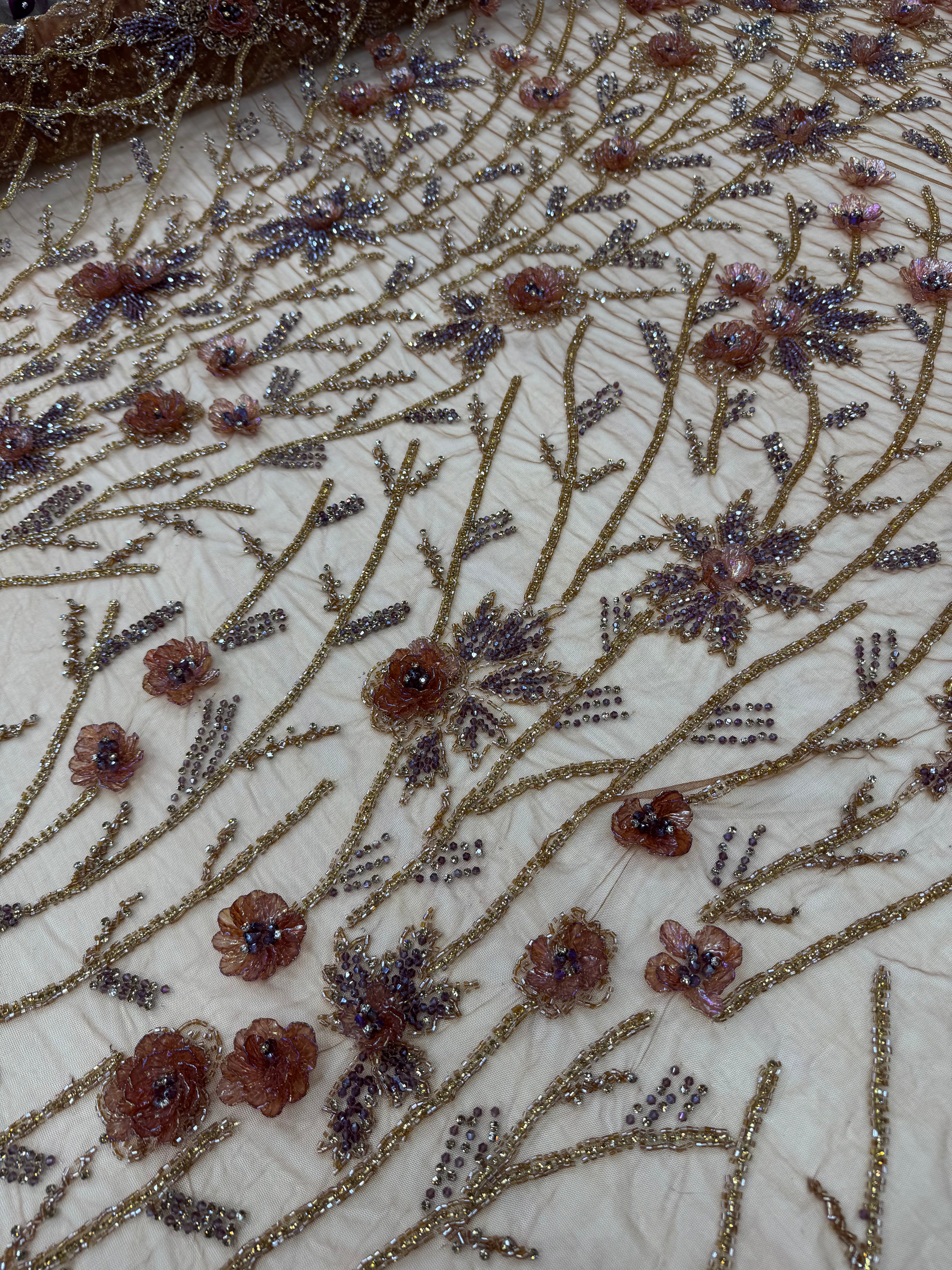 Broderie pe tul maro Model J1 3447, latime 140 cm, cu flori 3D, margele si cristale premium