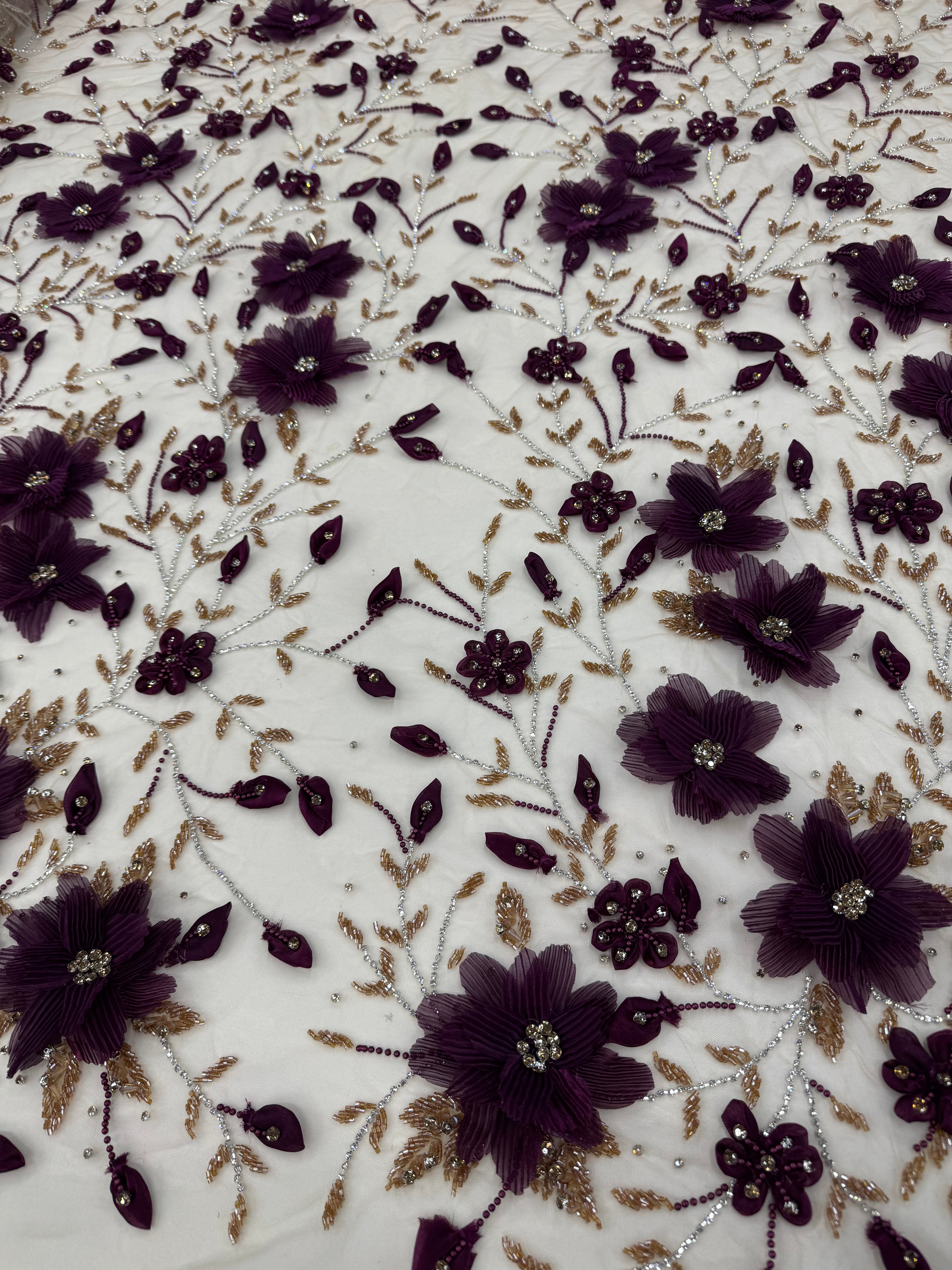 Broderie pe tul bej cu mov Model J1 3388, latime 140 cm, cu flori 3D, margele si cristale premium