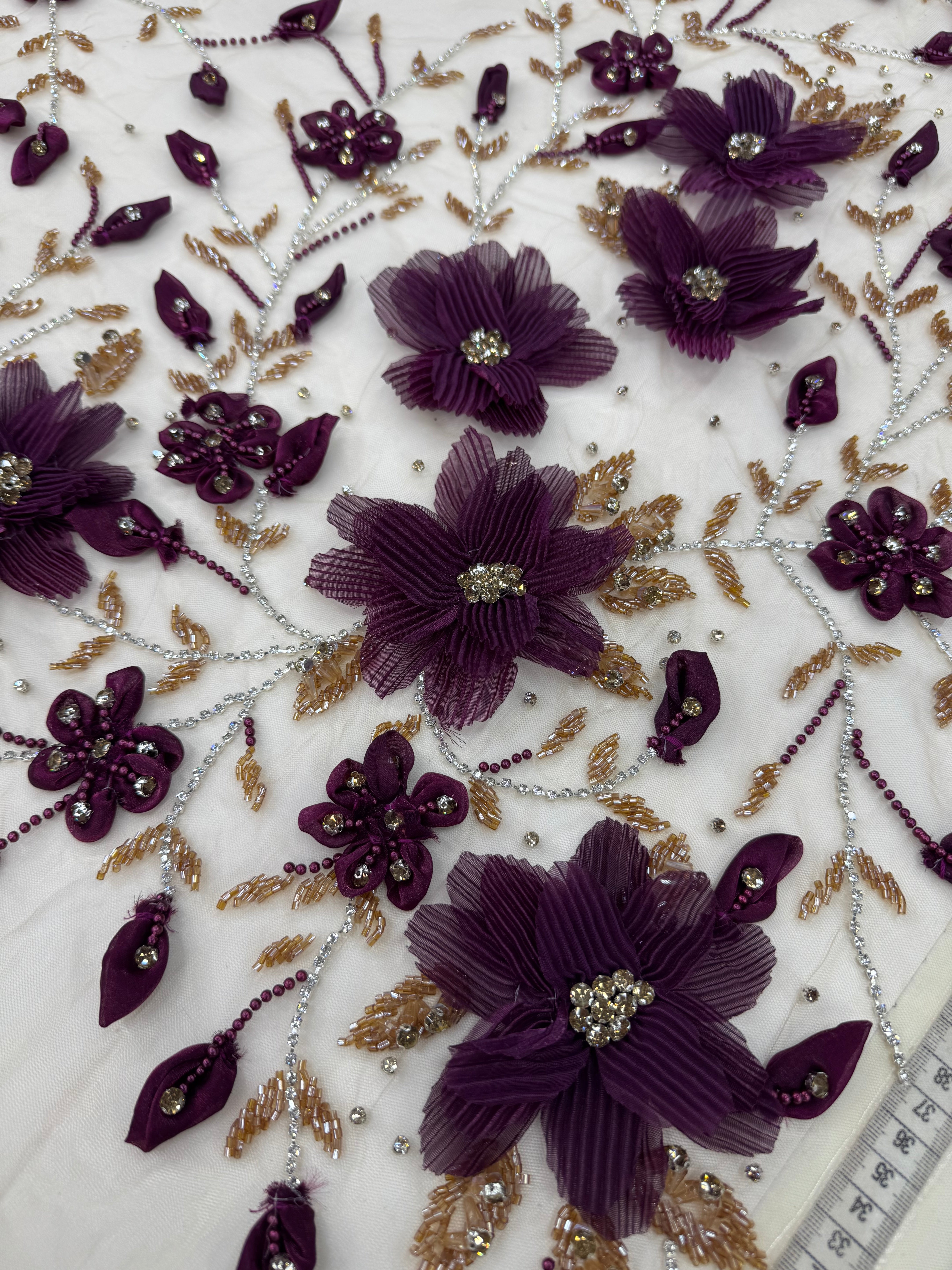 Broderie pe tul bej cu mov Model J1 3388, latime 140 cm, cu flori 3D, margele si cristale premium