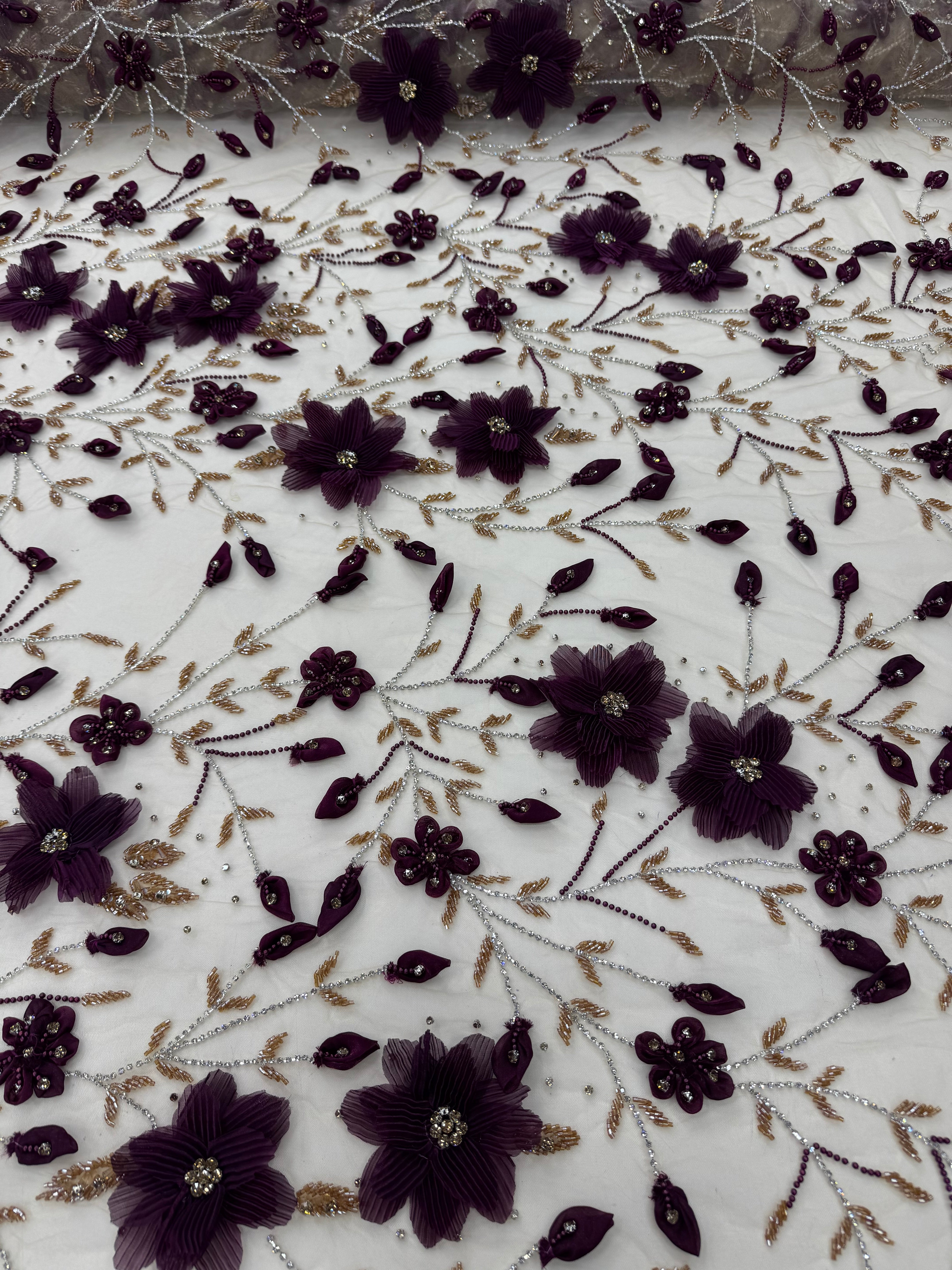 Broderie pe tul bej cu mov Model J1 3388, latime 140 cm, cu flori 3D, margele si cristale premium
