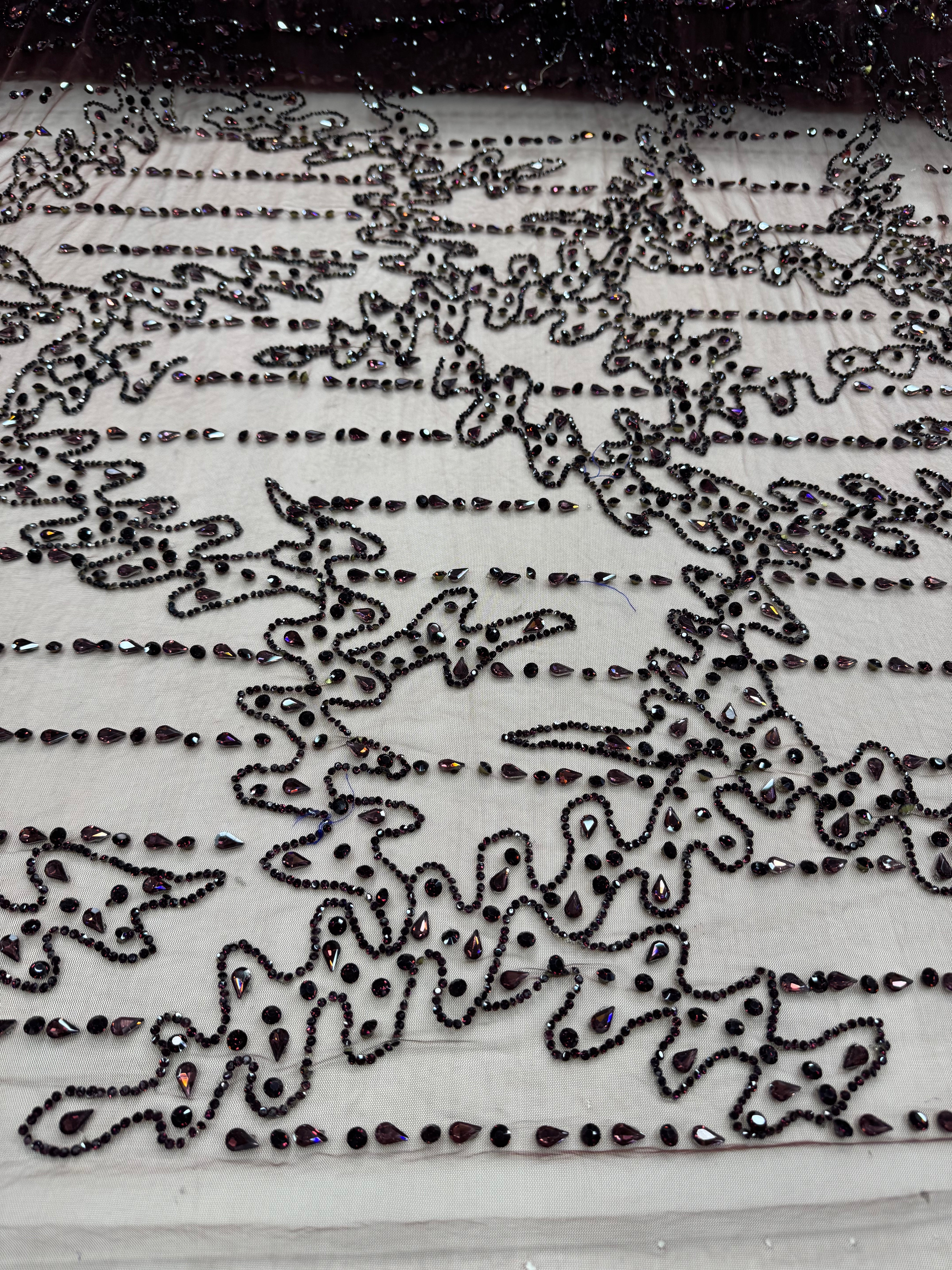 Broderie premium pe tul maro Model J1 3399, latime 140 cm, cu cristale si margele