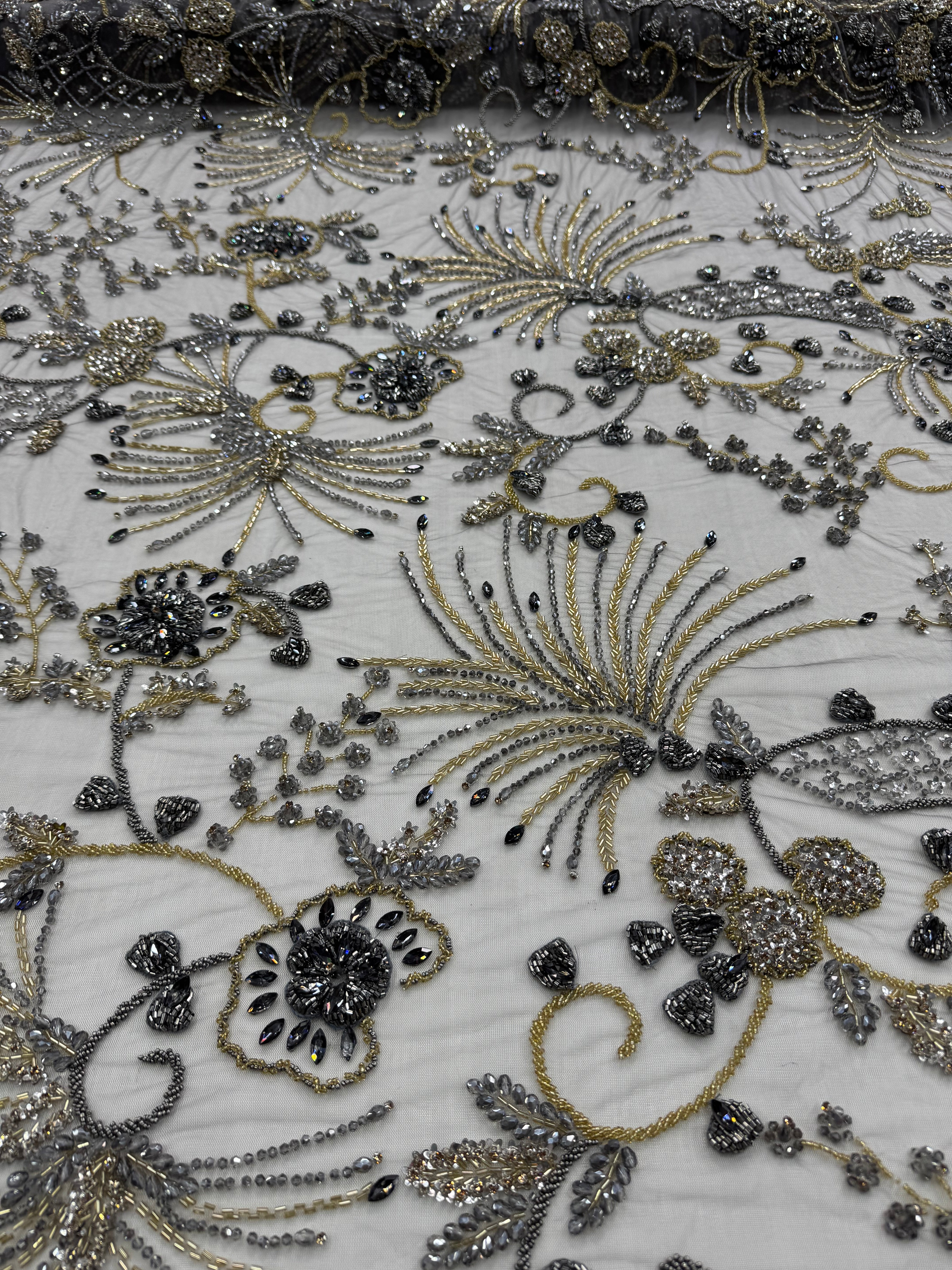 Broderie premium pe tul Model J1 3373, latime 140 cm, cu cristale, margele si broderie florala - disponibila in mai multe culori