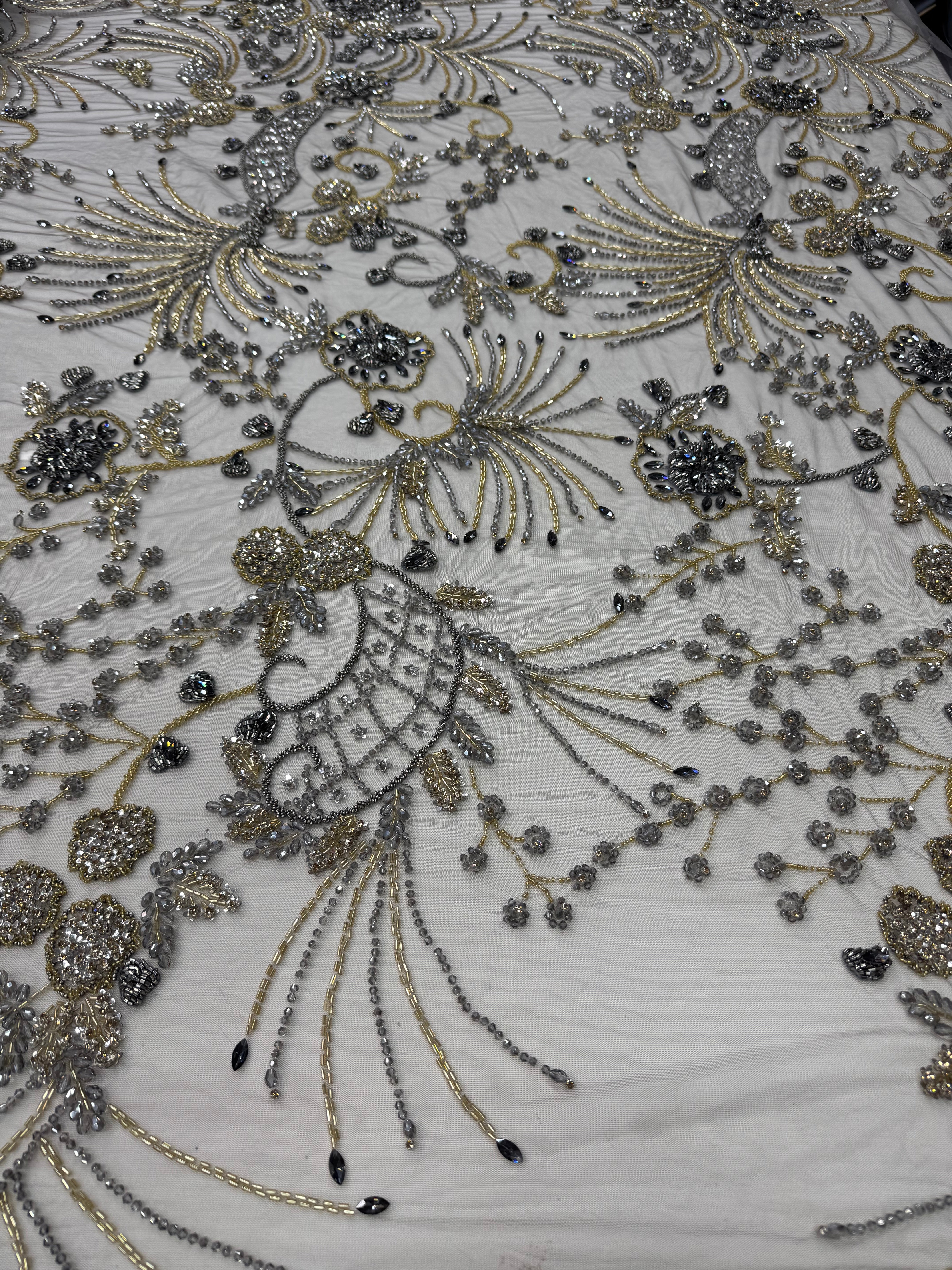 Broderie premium pe tul Model J1 3373, latime 140 cm, cu cristale, margele si broderie florala - disponibila in mai multe culori