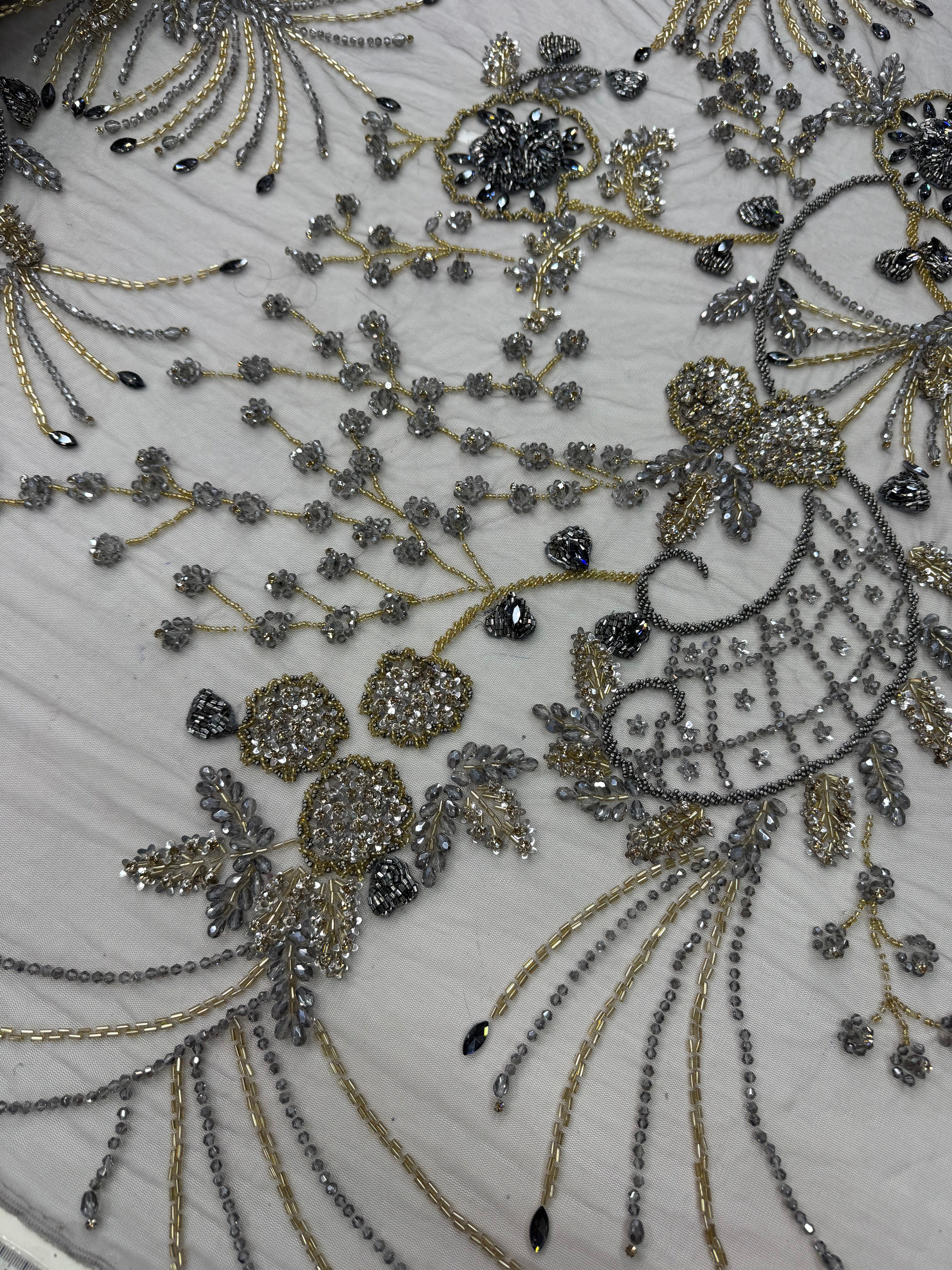 Broderie premium pe tul Model J1 3373, latime 140 cm, cu cristale, margele si broderie florala - disponibila in mai multe culori