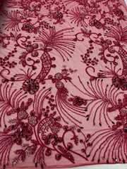 Broderie premium pe tul roșu bordo Model JI 3373, 140 cm, cu cristale si margele – Design Luxury Couture