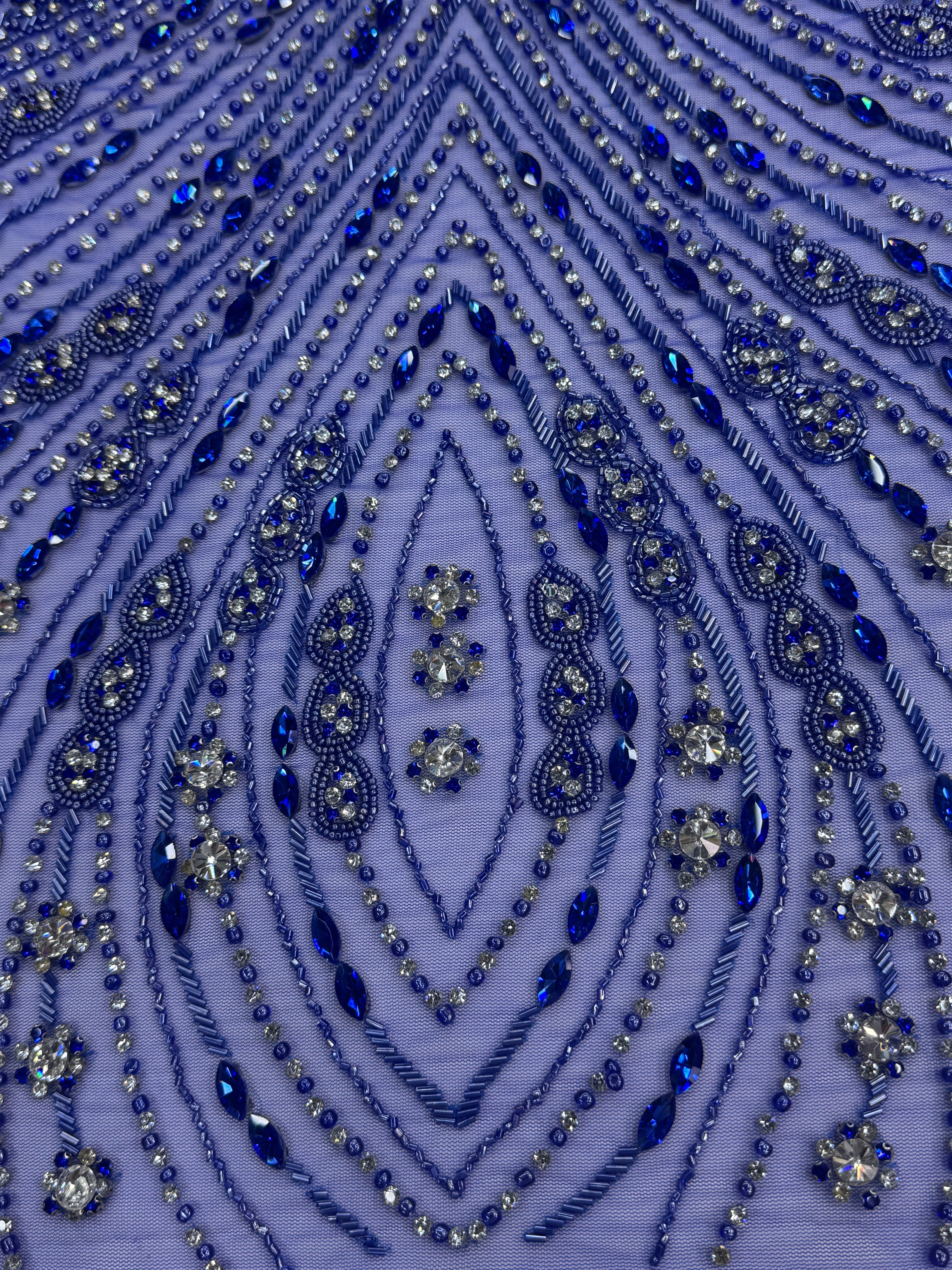 Broderie cu margele si paiete pe tul – Royal Blue, Model SJT1372 ,140 cm/la metru