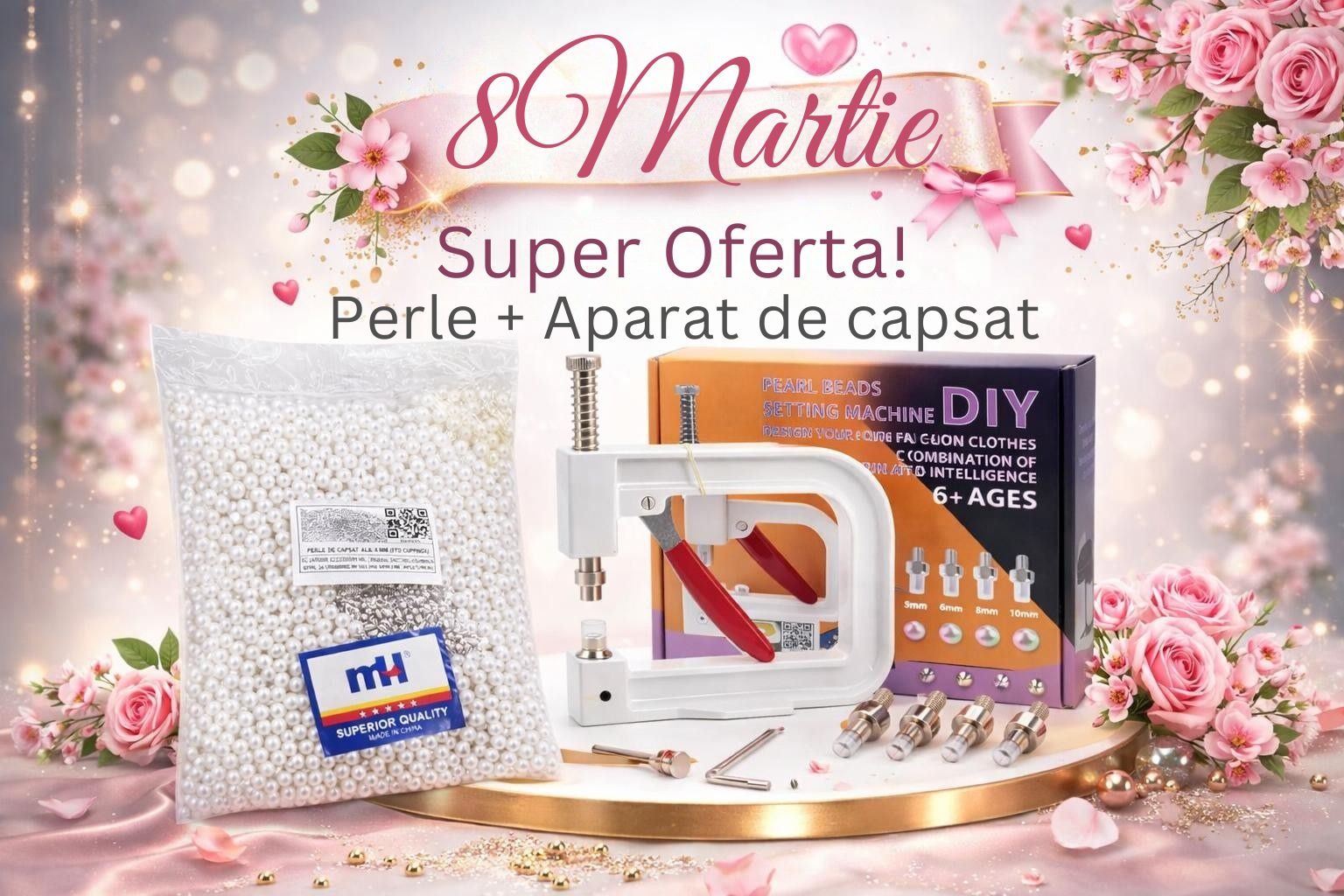 Set Perle albe 8 mm + Aparat capsat – Cadou special 8 Martie mercerie saturn 