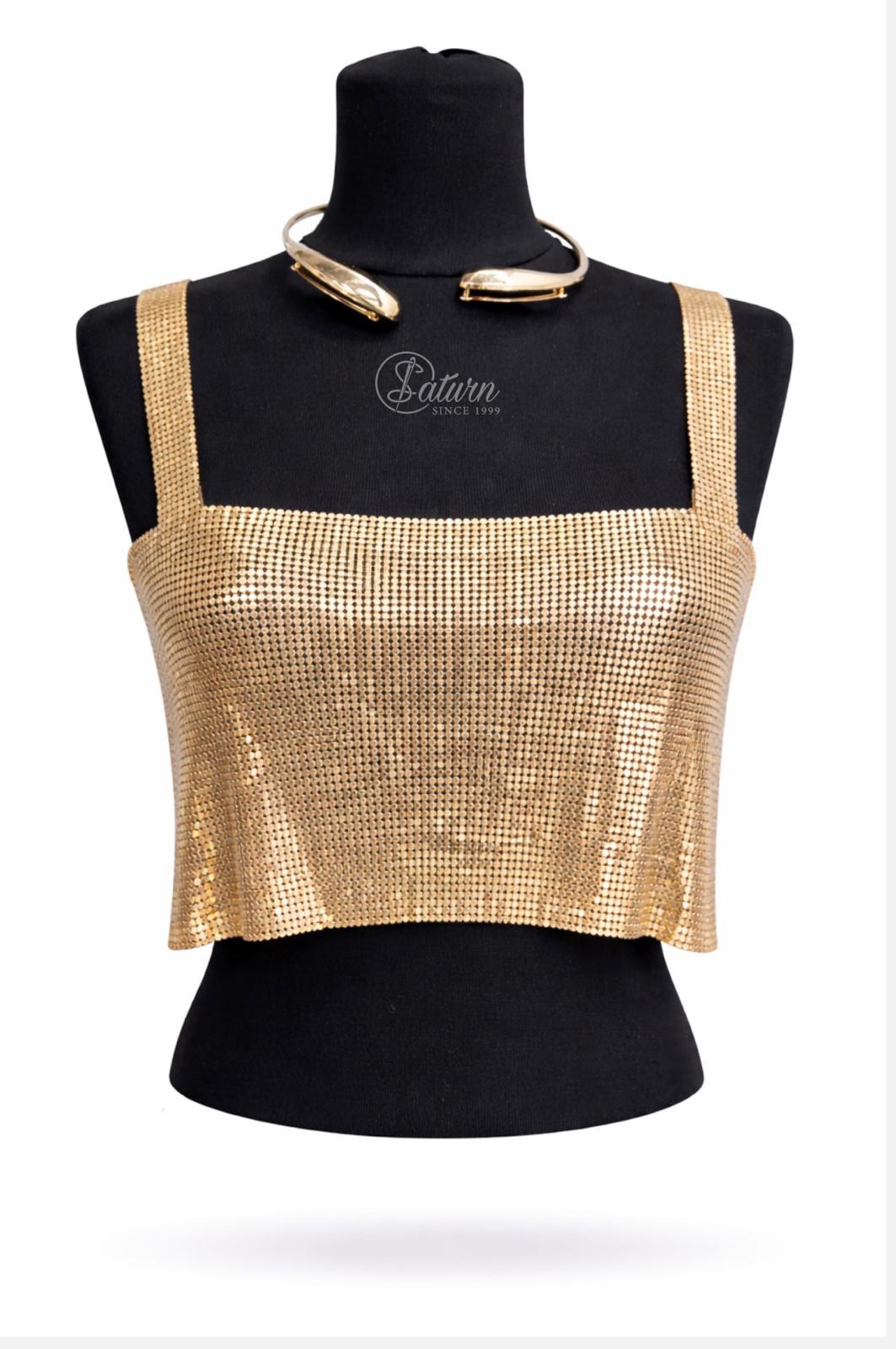 Top dama tip bustiera cu paiete metalice , marime universala, inchidere reglabila cu lant auriu mercerie saturn 