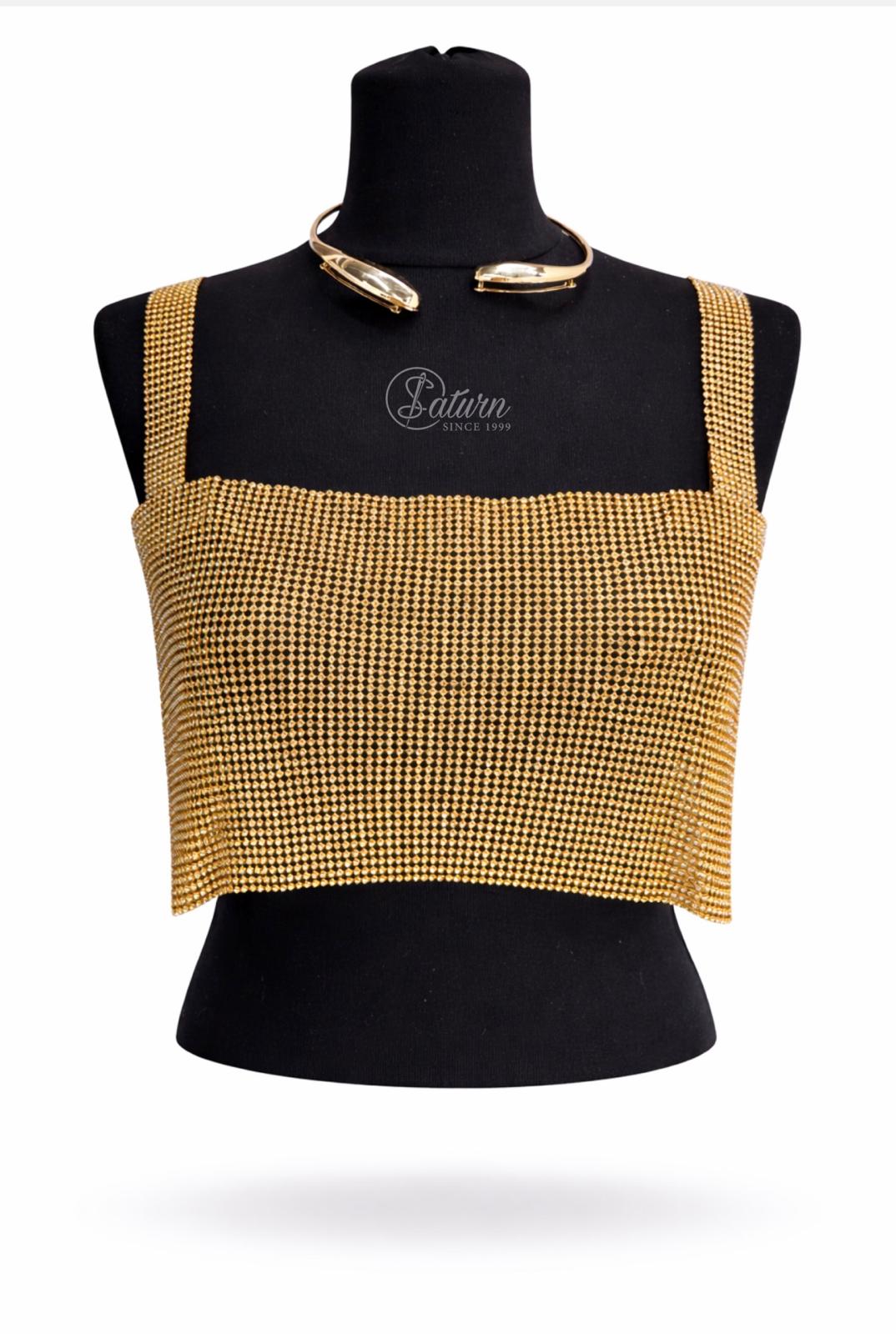 Top dama tip bustiera cu paiete metalice , marime universala, inchidere reglabila cu lant mercerie saturn bej 