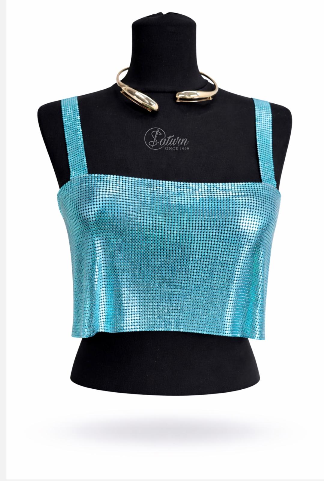 Top dama tip bustiera cu paiete metalice , marime universala, inchidere reglabila cu lant bleu mercerie saturn 