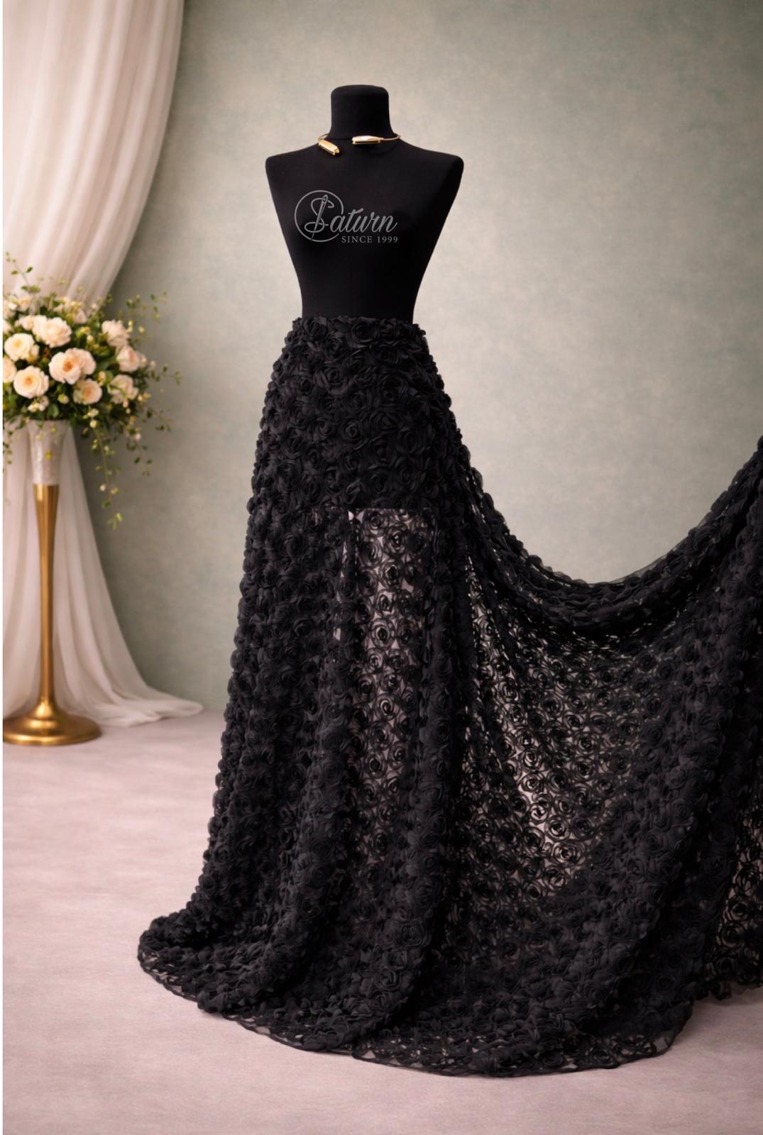 Tulle Decorativ cu Trandafiri 3D – 1.5Latime negru mercerie saturn 