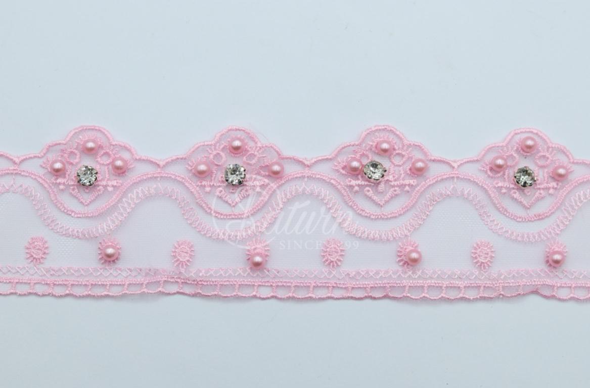Dantela Pe Tulle Cu Pietre Si Perle – Latime 6,2 cm /10 Yards / 9,14 Metri