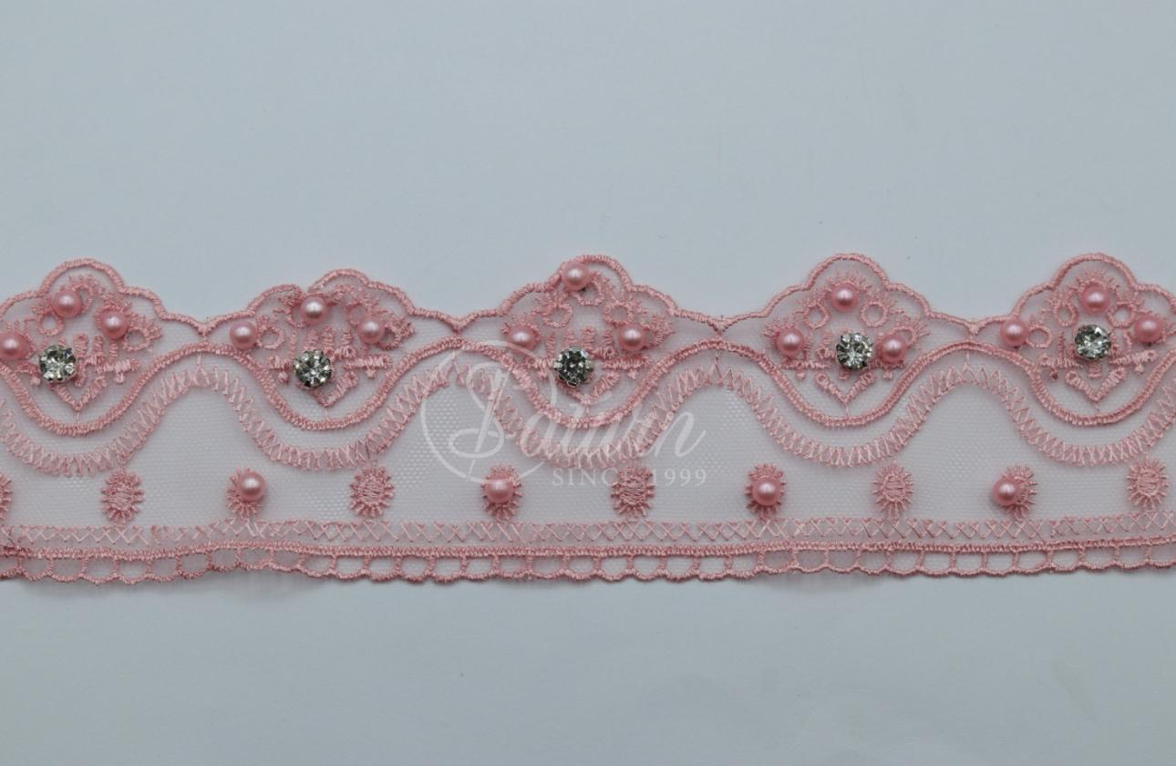 Dantela Pe Tulle Cu Pietre Si Perle – Latime 6,2 cm /10 Yards / 9,14 Metri