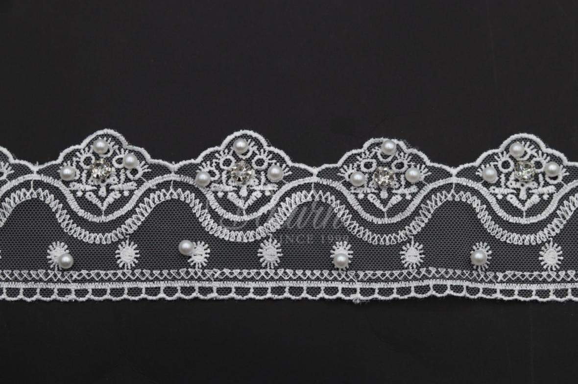 Dantela Pe Tulle Cu Pietre Si Perle – Latime 6,2 cm /10 Yards / 9,14 Metri