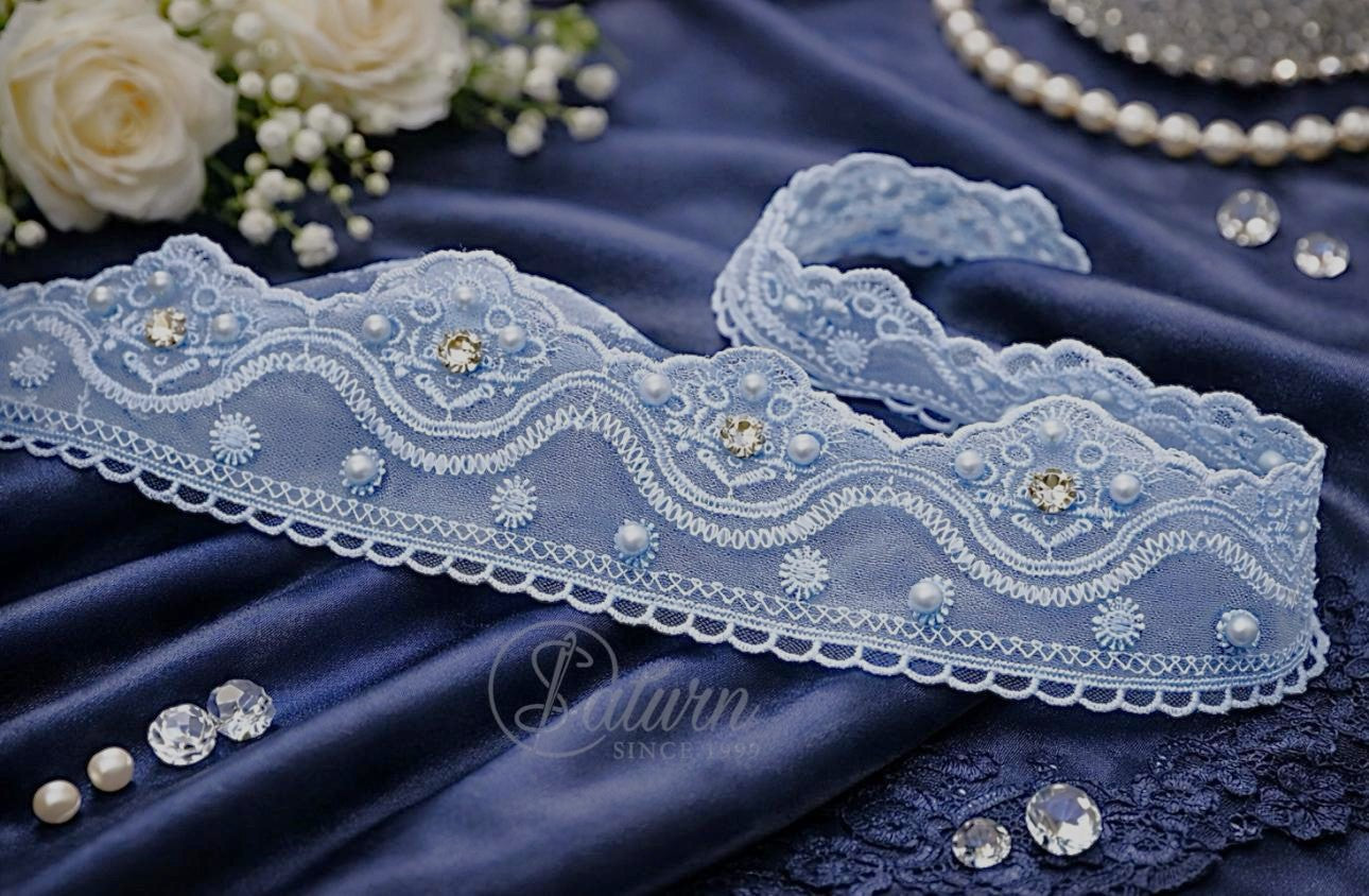 Dantela Pe Tulle Cu Pietre Si Perle – Latime 6,2 cm /10 Yards / 9,14 Metri