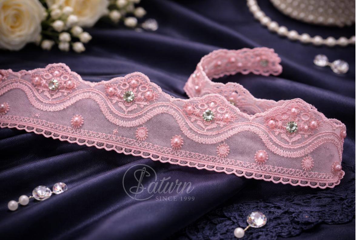 Dantela Pe Tulle Cu Pietre Si Perle – Latime 6,2 cm /10 Yards / 9,14 Metri