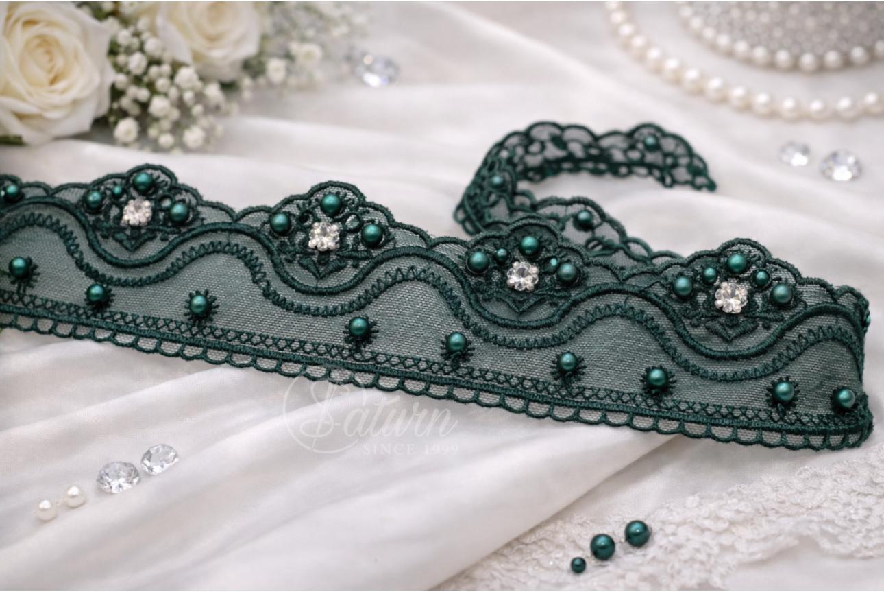Dantela Pe Tulle Cu Pietre Si Perle – Latime 6,2 cm /10 Yards / 9,14 Metri