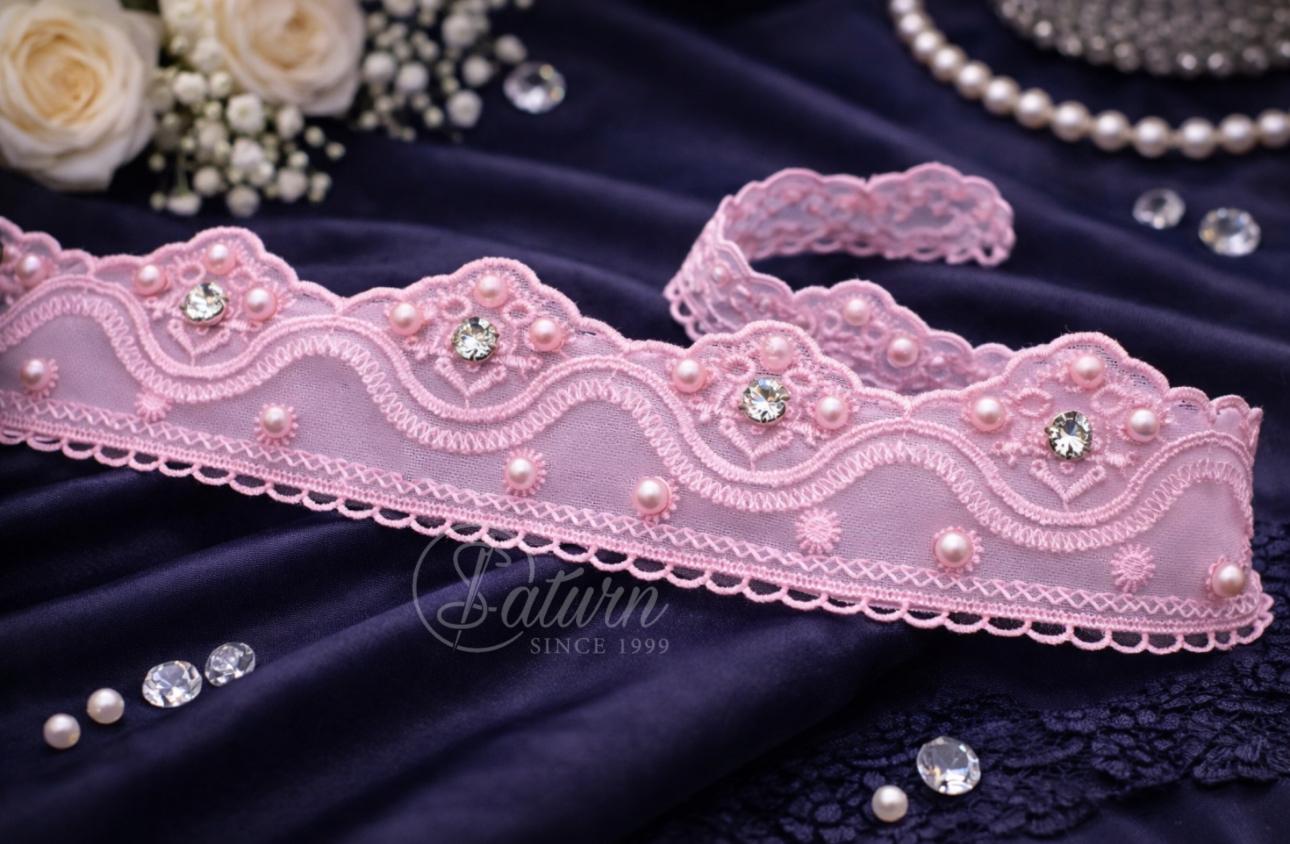 Dantela Pe Tulle Cu Pietre Si Perle – Latime 6,2 cm /10 Yards / 9,14 Metri