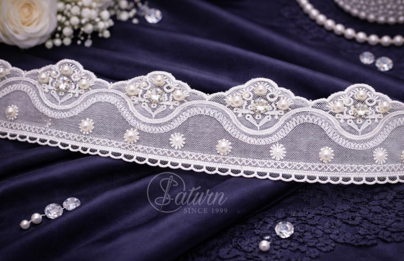 Dantela Pe Tulle Cu Pietre Si Perle – Latime 6,2 cm /10 Yards / 9,14 Metri