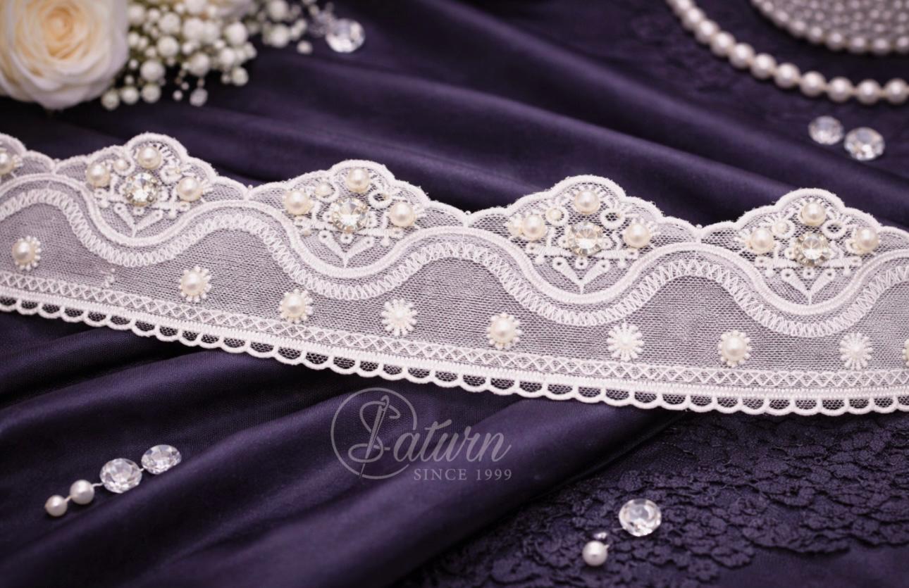 Dantela Pe Tulle Cu Pietre Si Perle – Latime 6,2 cm /10 Yards / 9,14 Metri