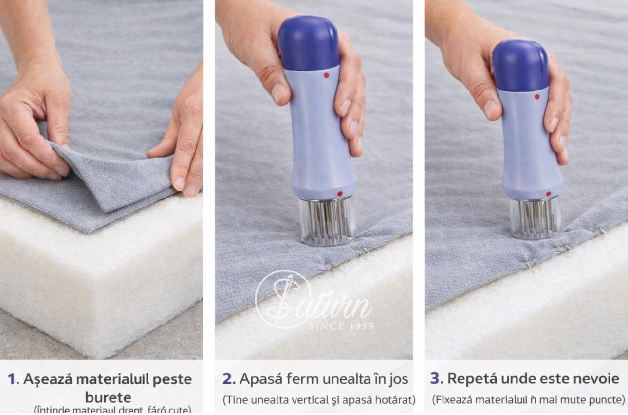 Dispozitiv Manual Pentru Fixarea Materialelor Textile Pe Burete – Unealta cu ace Pentru Tapiterie, Reparatii si Proiecte DIY