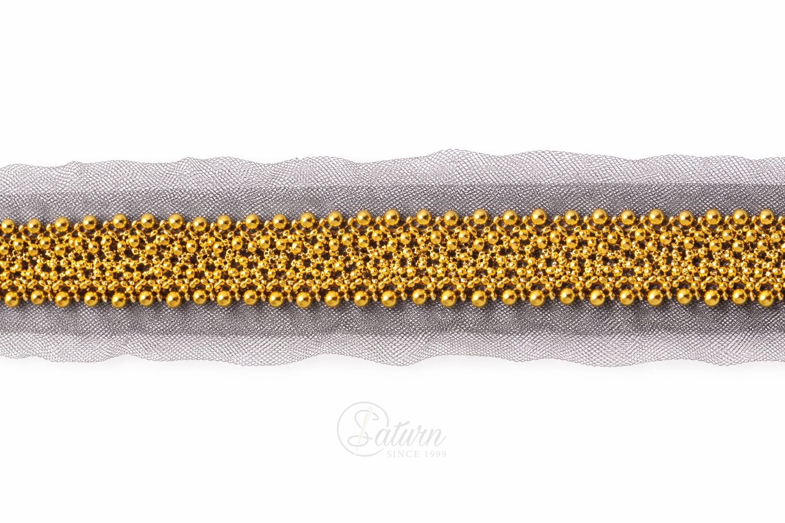 Banda decorativa pe tulle cu perle si margele, latime 1,5 cm/la metru