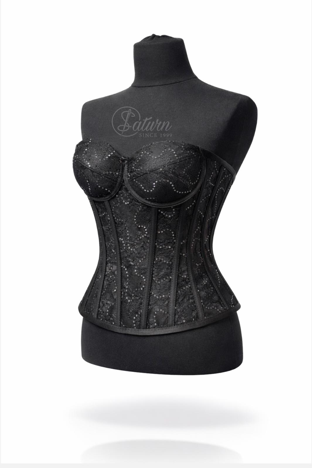 Corset M11 din Dantela cu Paiete – Negru, Marimi 36–48