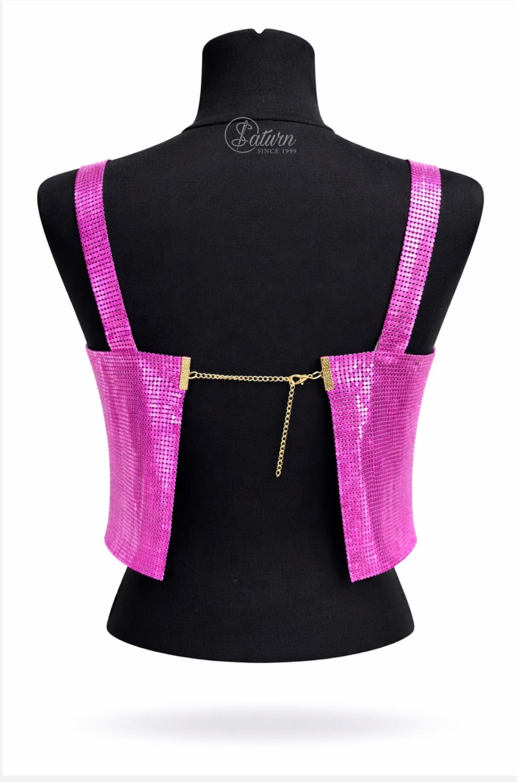 Top dama tip bustiera cu paiete metalice , marime universala, inchidere reglabila cu lant