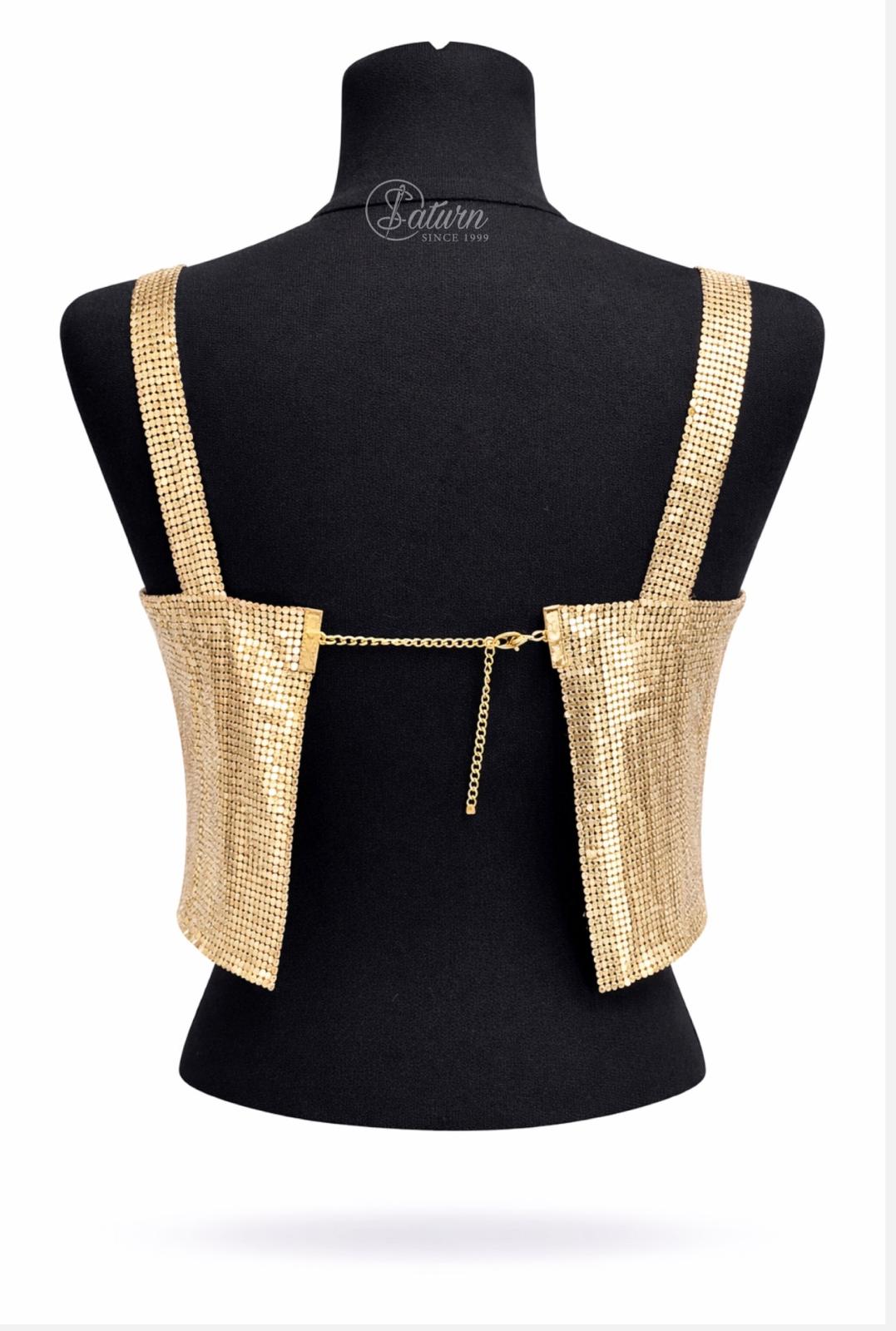 Top dama tip bustiera cu paiete metalice , marime universala, inchidere reglabila cu lant