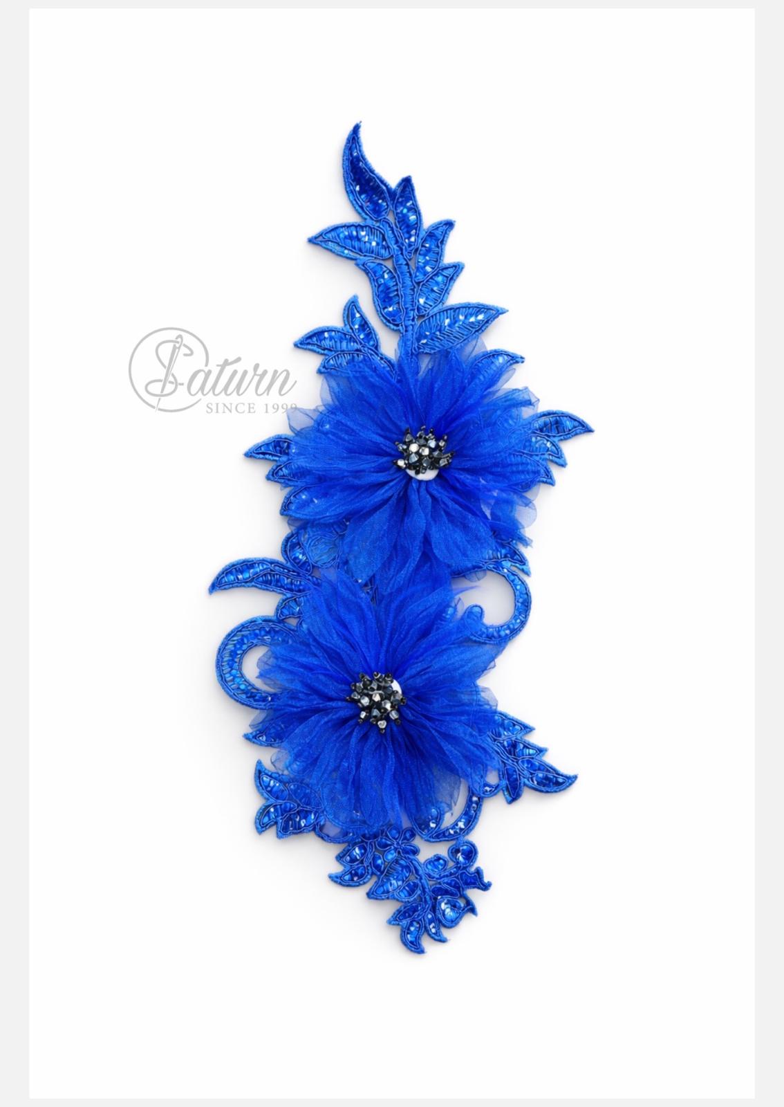 Aplicatie florala 3D cu tulle,pene si margele, 28x8 cm – decor elegant pentru rochii