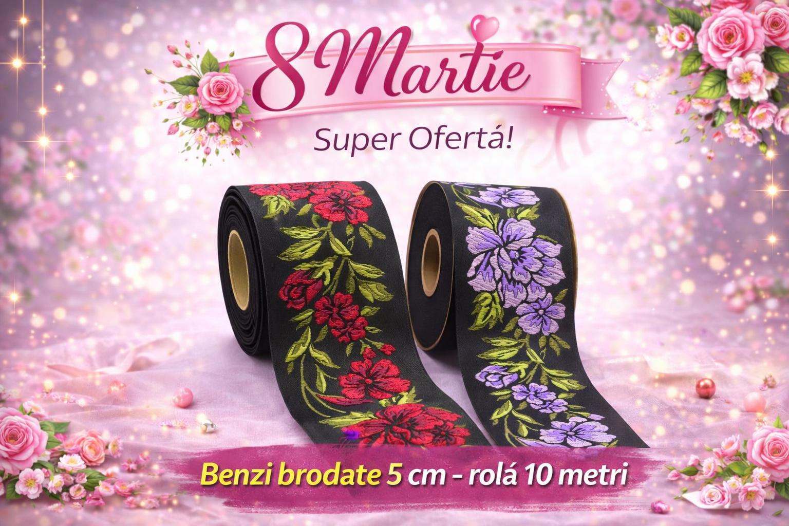 Banda decorativa brodata 5 cm x 10 m – Model floral traditional, editie speciala 8 Martie