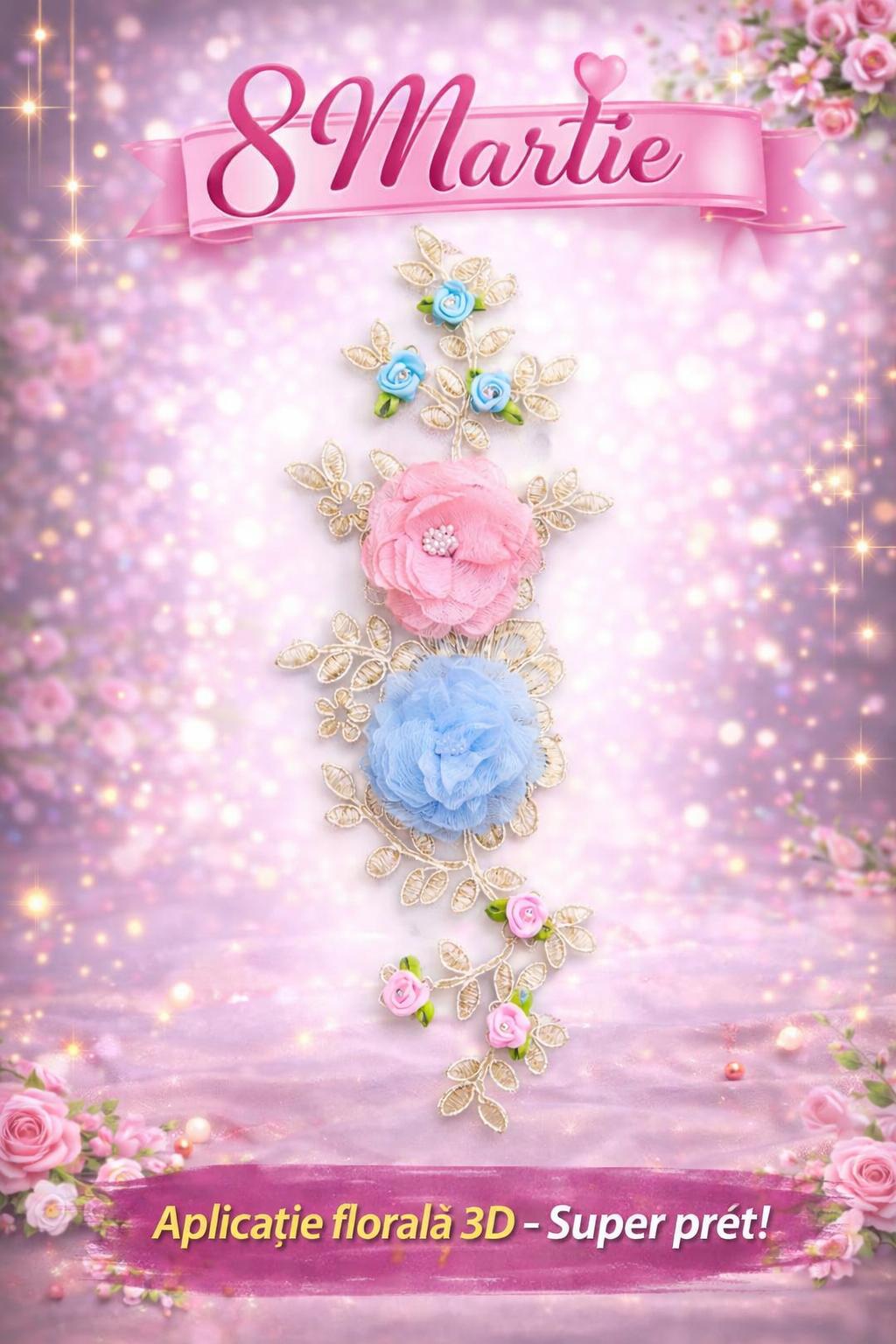 Oferta 8 Martie – Aplicatie florala eleganta pentru rochii, model 3D pastel 27x8cm