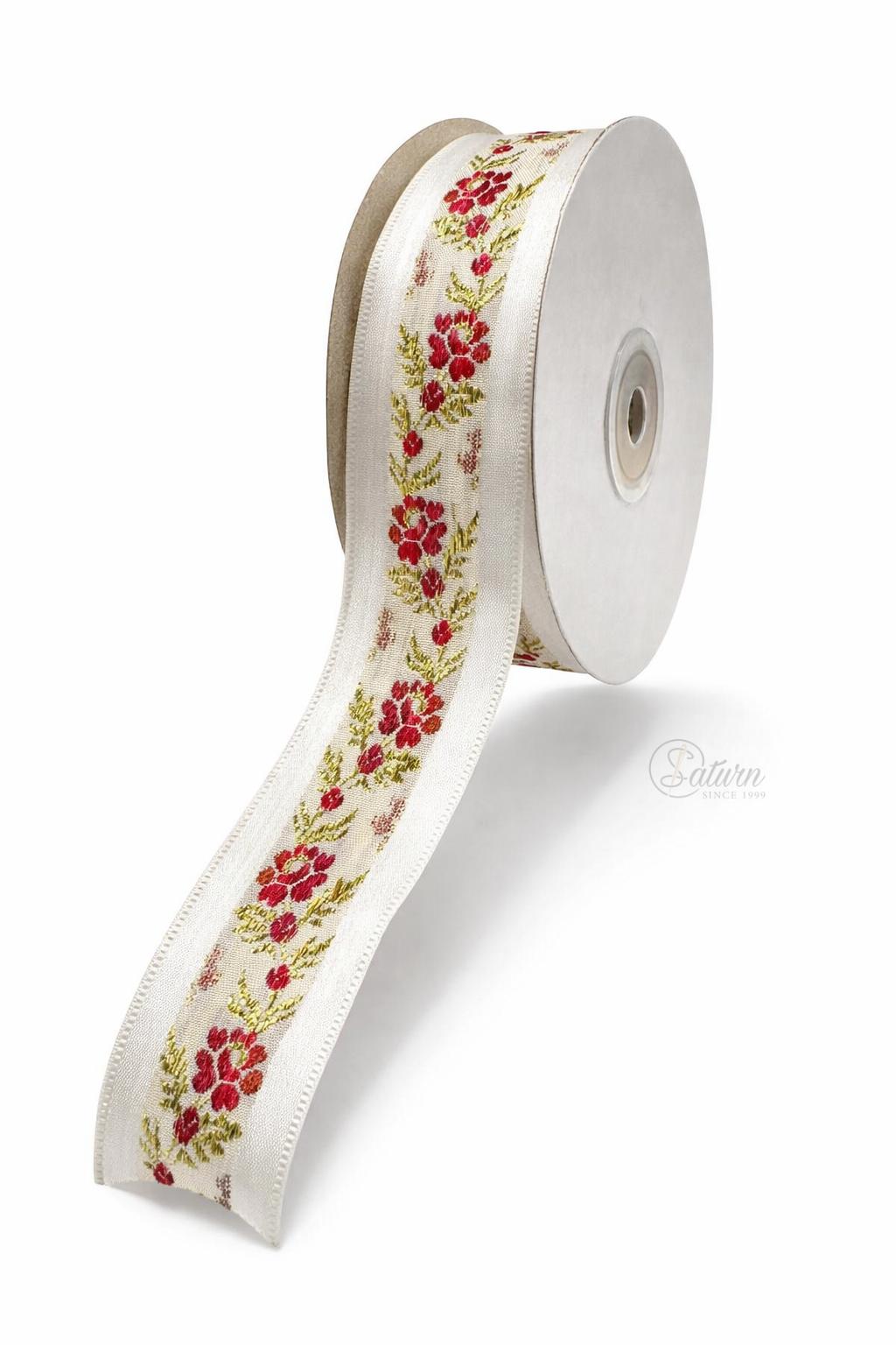 Banda cu motive traditionale floral rosu pe fond crem/25 metri/3.3cm –M 6