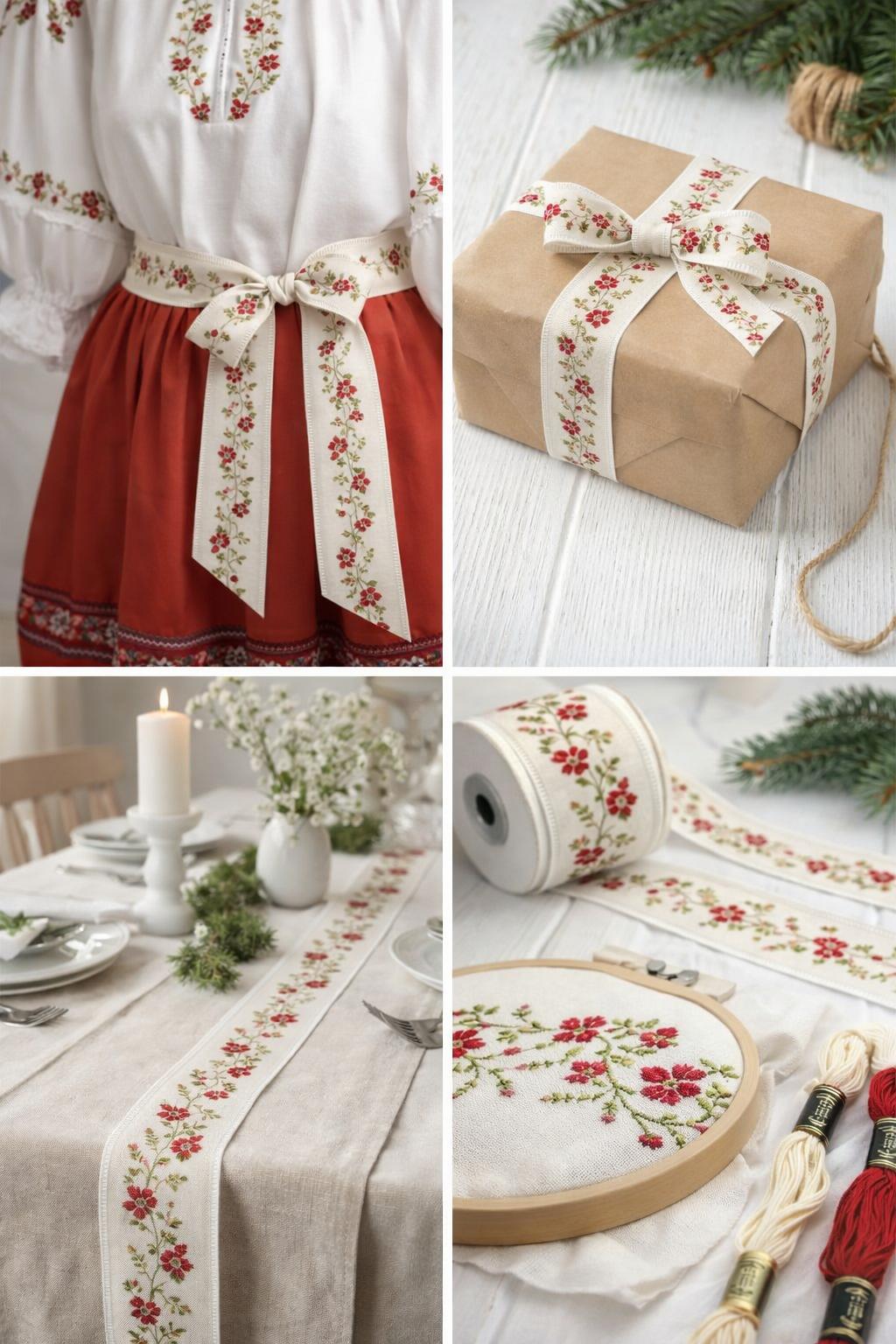Banda cu motive traditionale floral rosu pe fond crem/25 metri/3.3cm –M 6