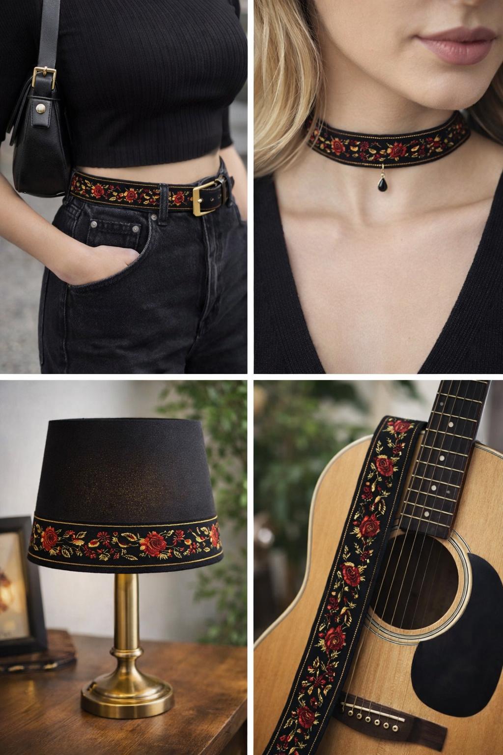 Banda decorativa pentru rochii, costume si decoratiuni – 3,3 cm, model 7 floral rosu, rola 25 metri