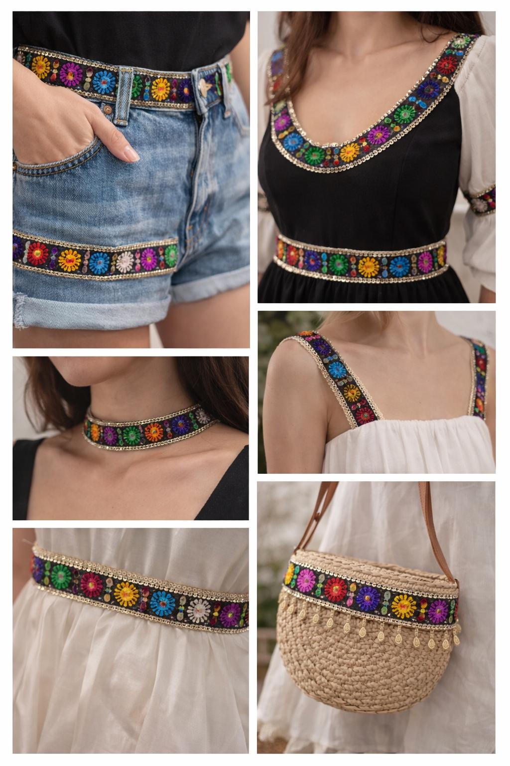 Banda decorativa brodata multicolora pe tulle 5 cm/la metru  pentru haine, rochii si accesorii handmade