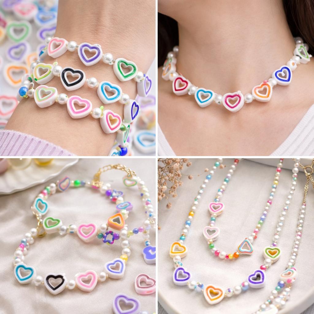 Margele inimioare contur colorat 2.5 cm set aproximativ 270 buc pentru bratari si coliere handmade
