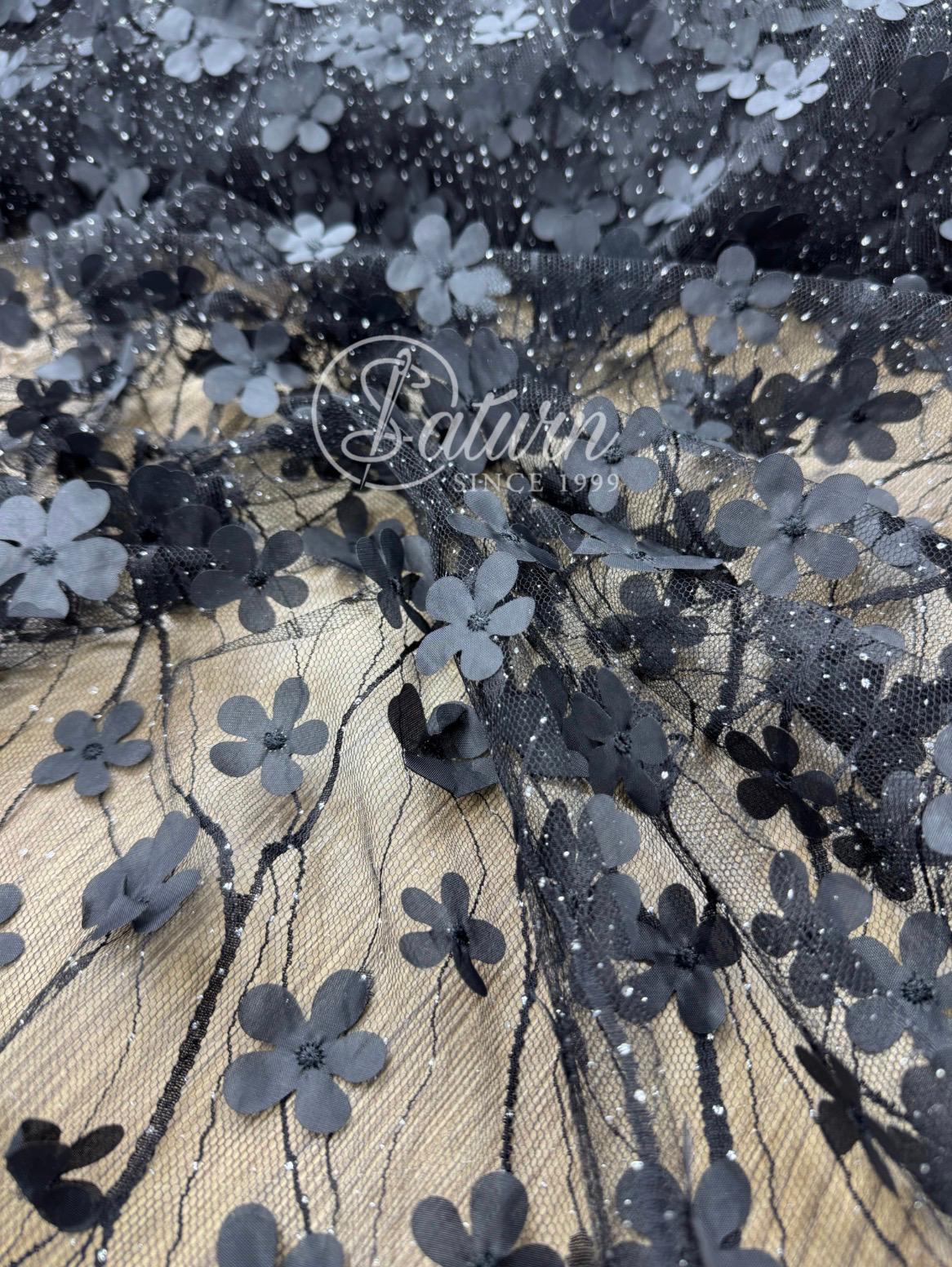 Tull brodat cu floricele 3D si sclipici– 150 cm latime, material elegant la metru