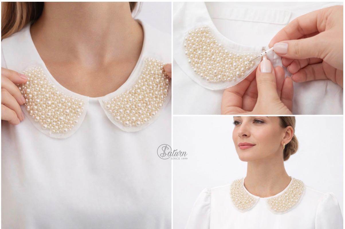 Guler decorativ cu perle 6 cm – aplicatie fashion premium pentru camasi si bluze
