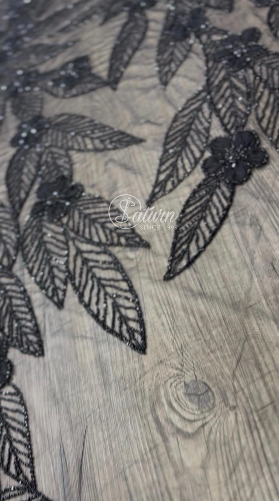 Broderie eleganta de lux la metru cu pietre si margele negre pe tulle nude SJT1246
