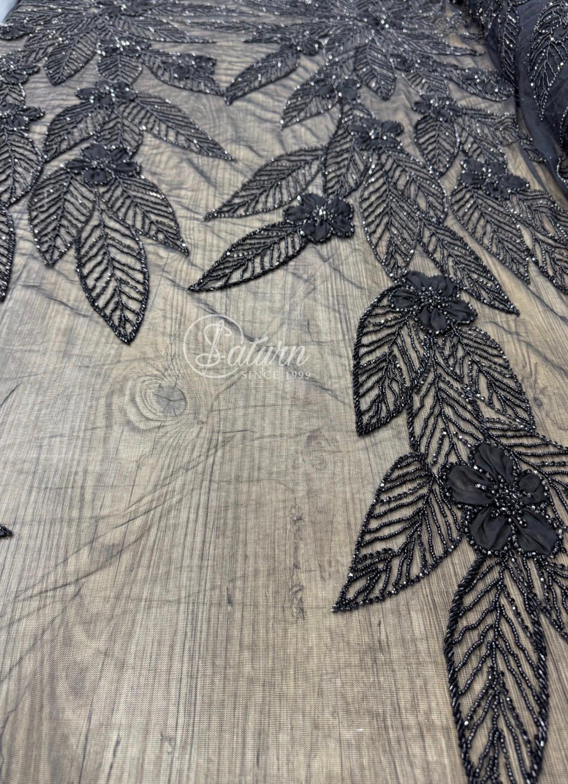 Broderie eleganta de lux la metru cu pietre si margele negre pe tulle nude SJT1246