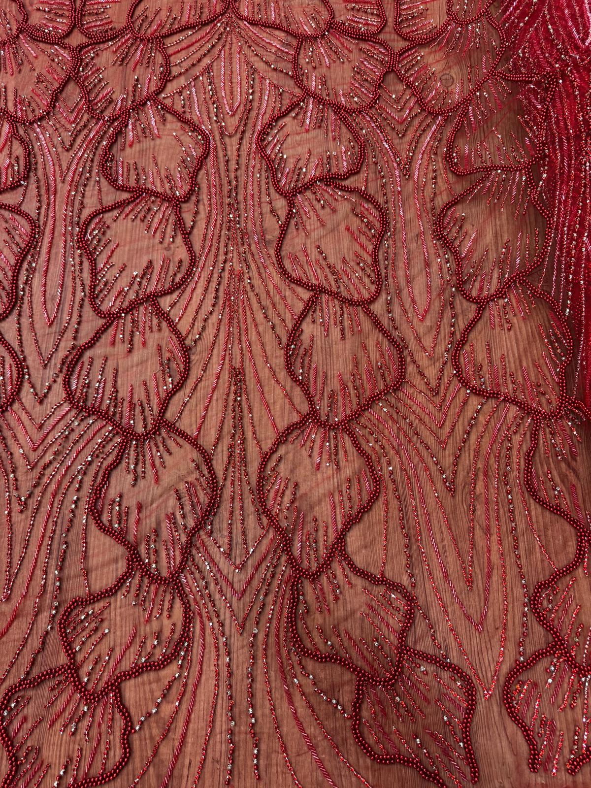 Broderie de lux rosie pe tull alb,rosu sau auriu, cu margele si cristale, 140 cm – model couture SJT1264