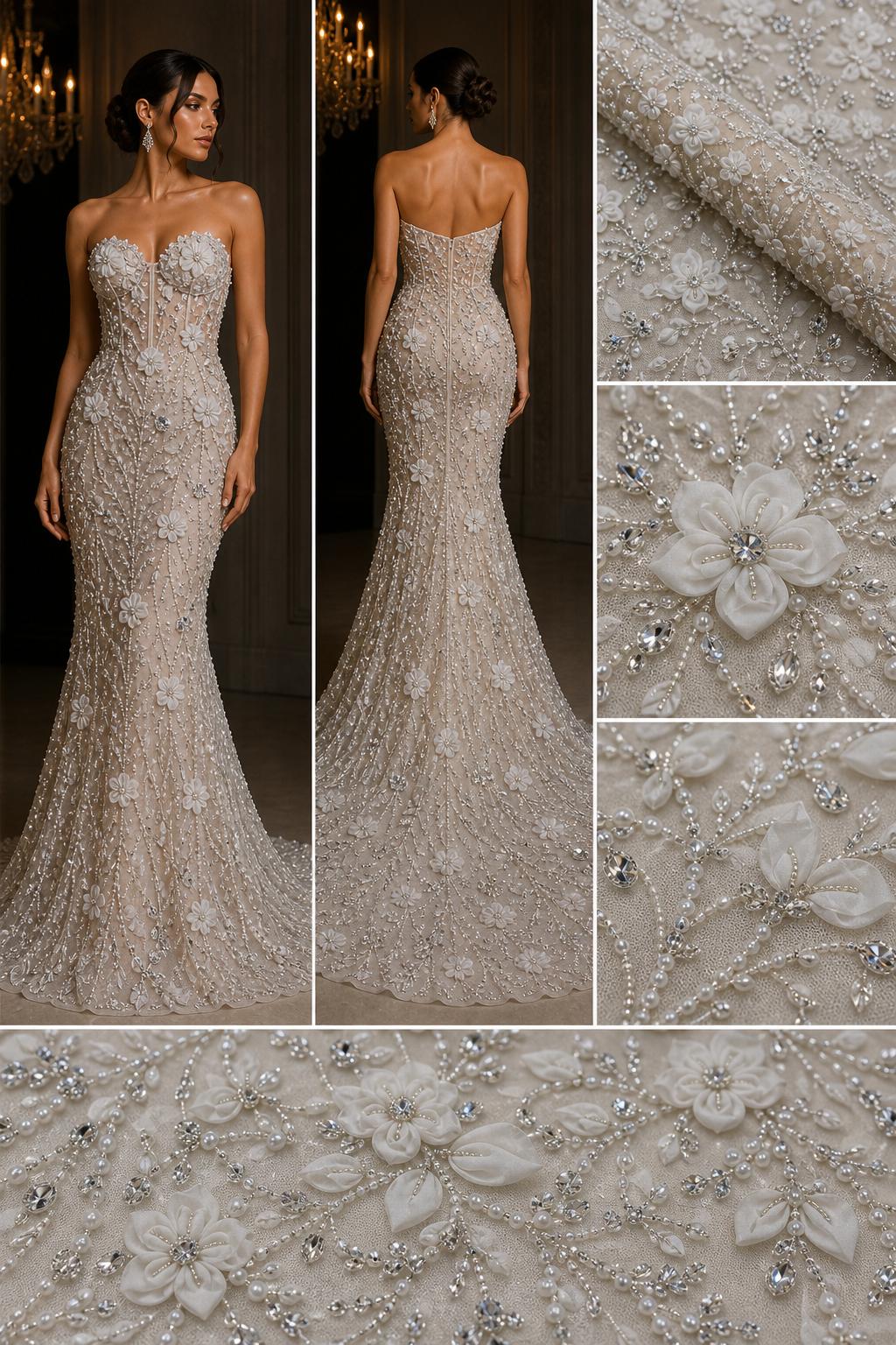 Broderie luxury pe tull cu flori 3D, perle si cristale 140 cm/se vinde la metru AI544