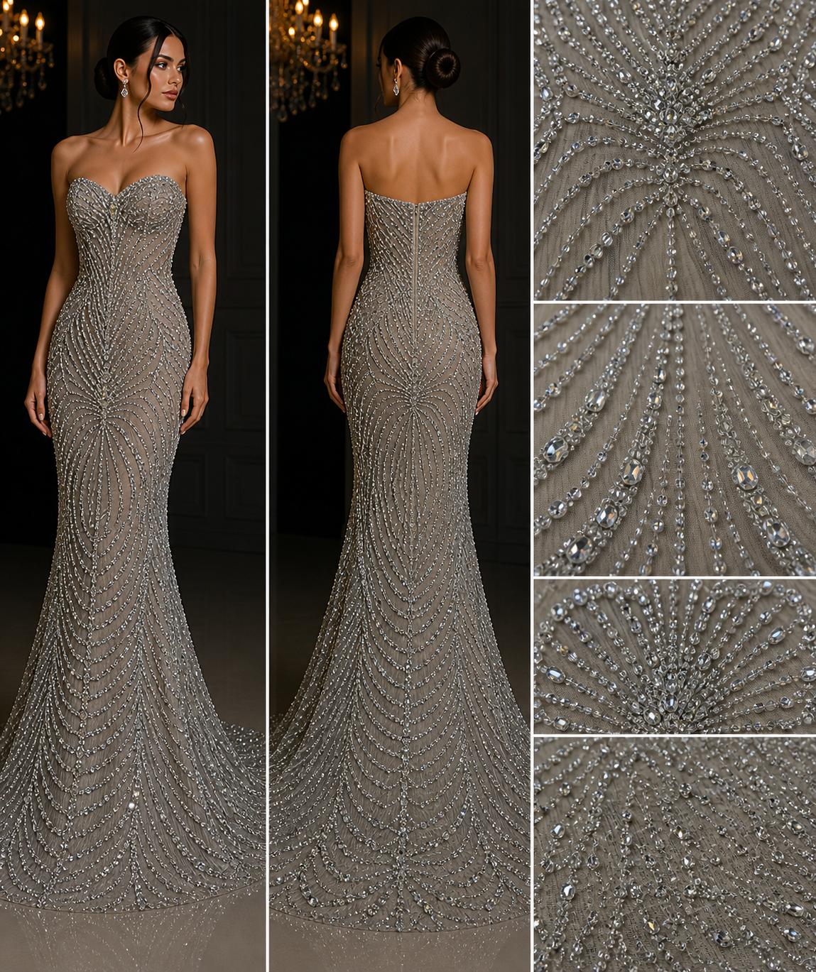 Broderie premium pe tull nude cu cristale si margele stralucitoare/se vinde la metru SJT1356