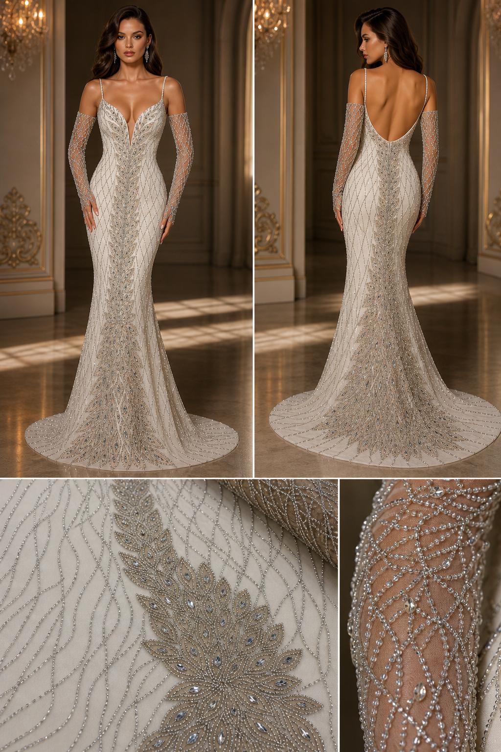 Broderie premium pe tull nude cu cristale, perle și margele DB1421