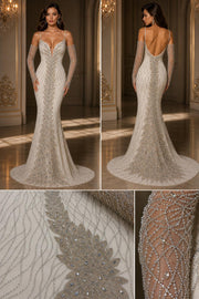 Broderie premium pe tull nude cu cristale, perle și margele DB1421
