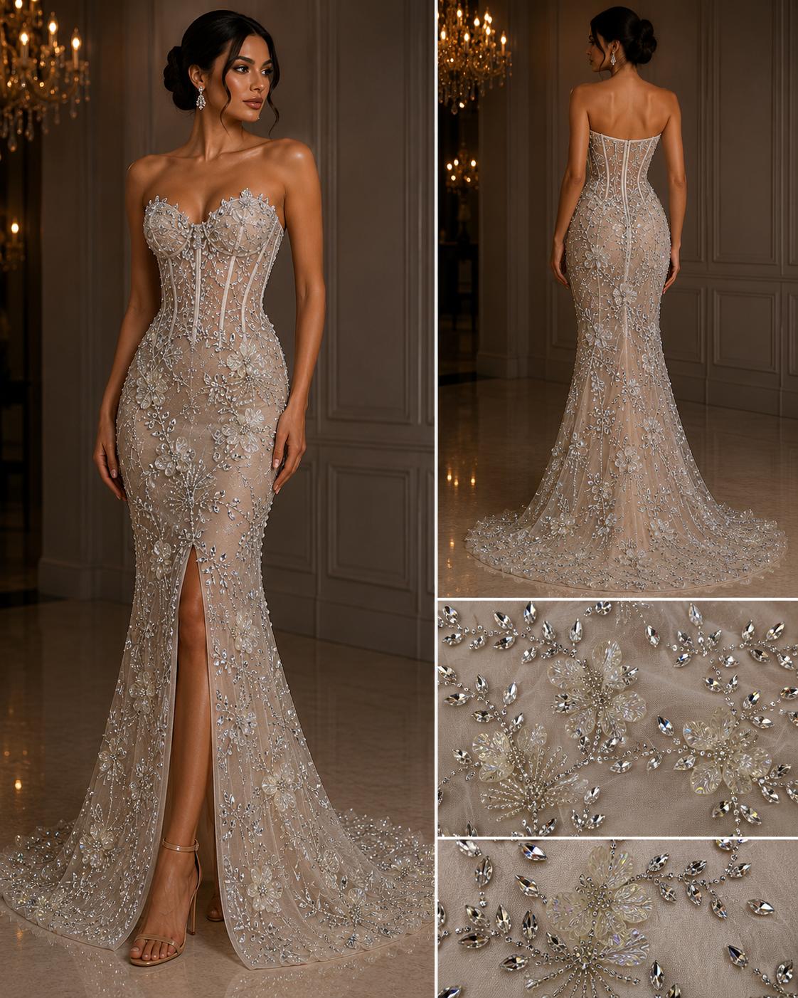 Broderie florala 3D cu cristale premium pe tull fin DB1366