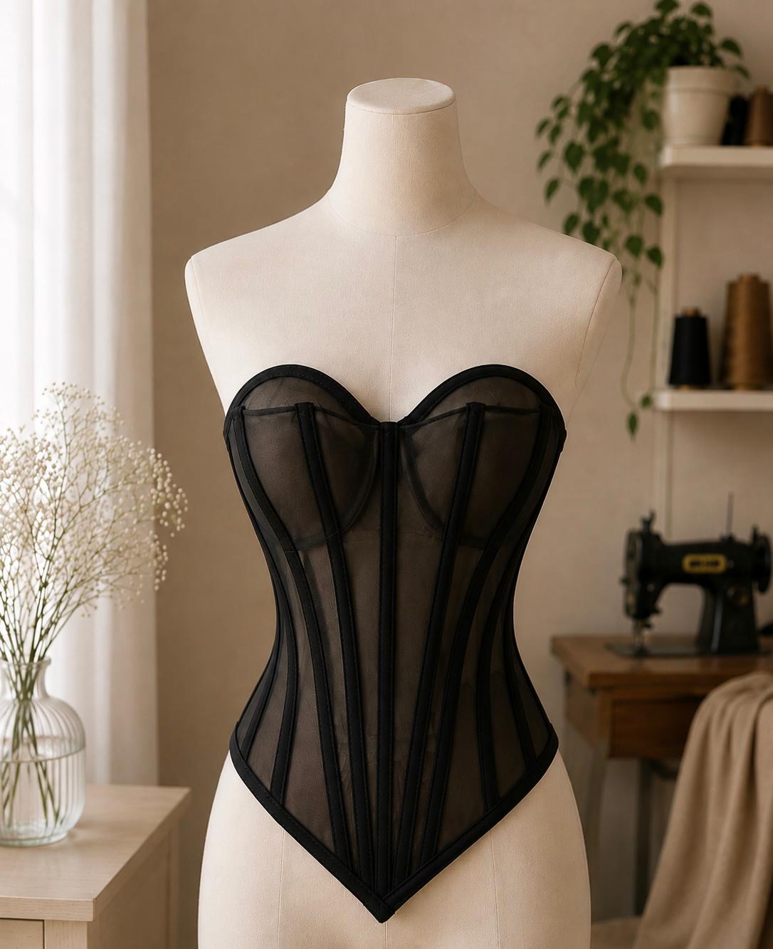 Corset din Tulle Transparent cu Cupe și Balene, Decolteu Sweetheart și Formă V Model M45