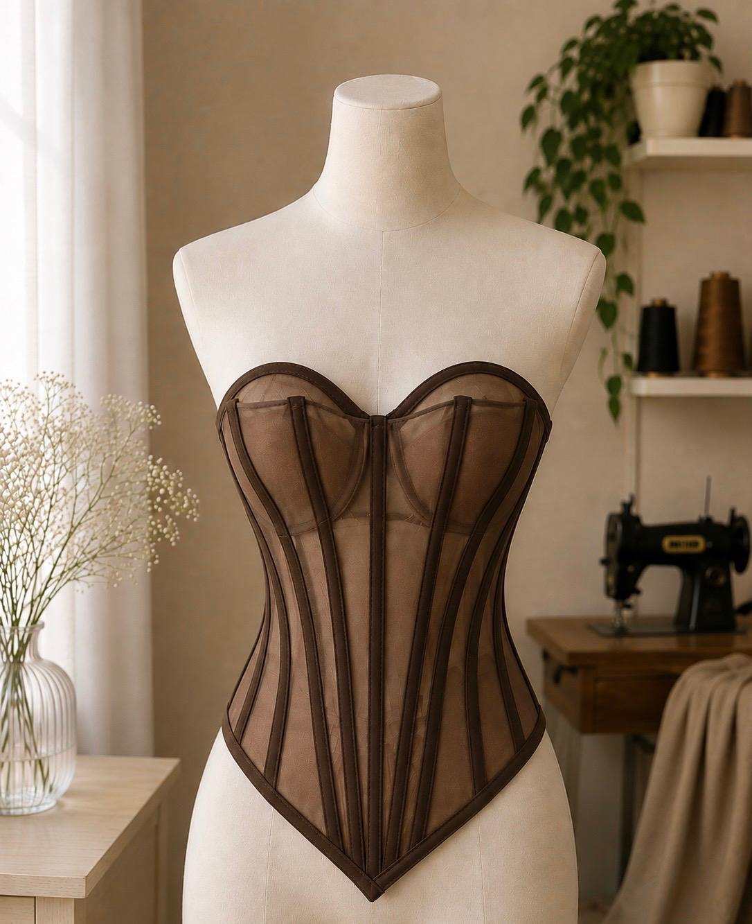 Corset din Tulle Transparent cu Cupe și Balene, Decolteu Sweetheart și Formă V Model M45
